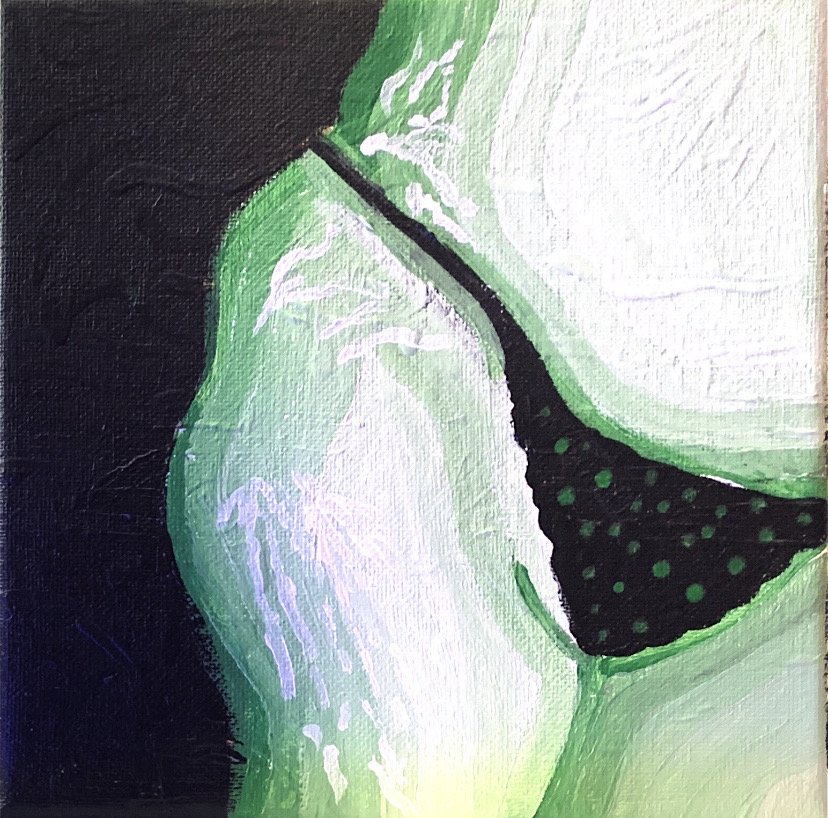 A painting of a woman's upper body wearing a black swimsuit with green polka dots, with a green and black color scheme.