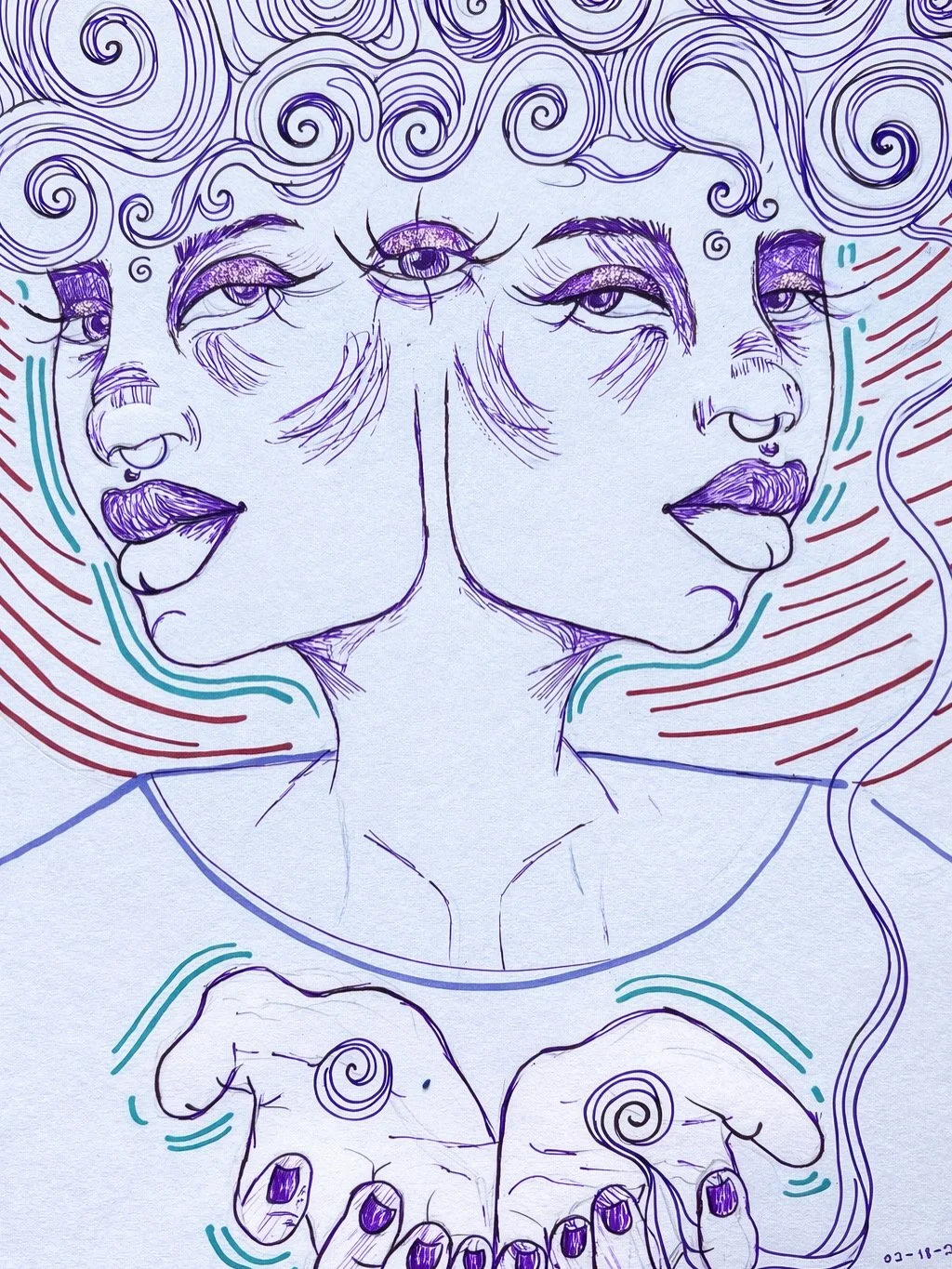 A surreal line drawing of a person with three facial profiles, a third eye on their forehead, long wavy hair, holding open hands with spiral shapes, with colored lines accentuating certain features.