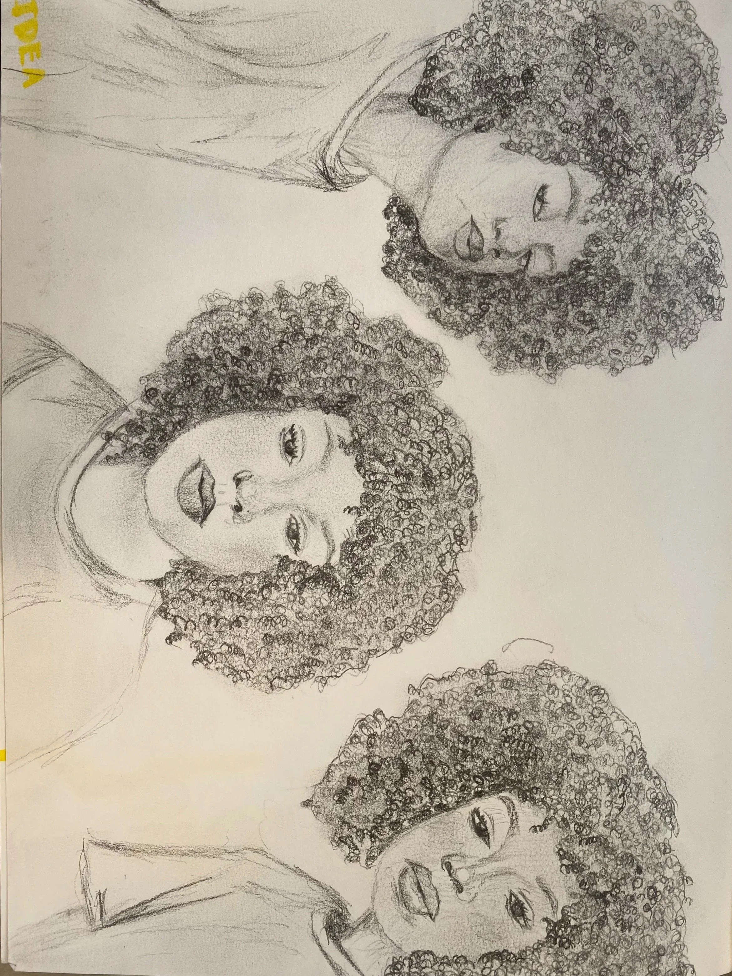 A pencil sketch of multiple women with curly hair, some with their eyes closed and others slightly open, showing a variety of facial expressions and features.