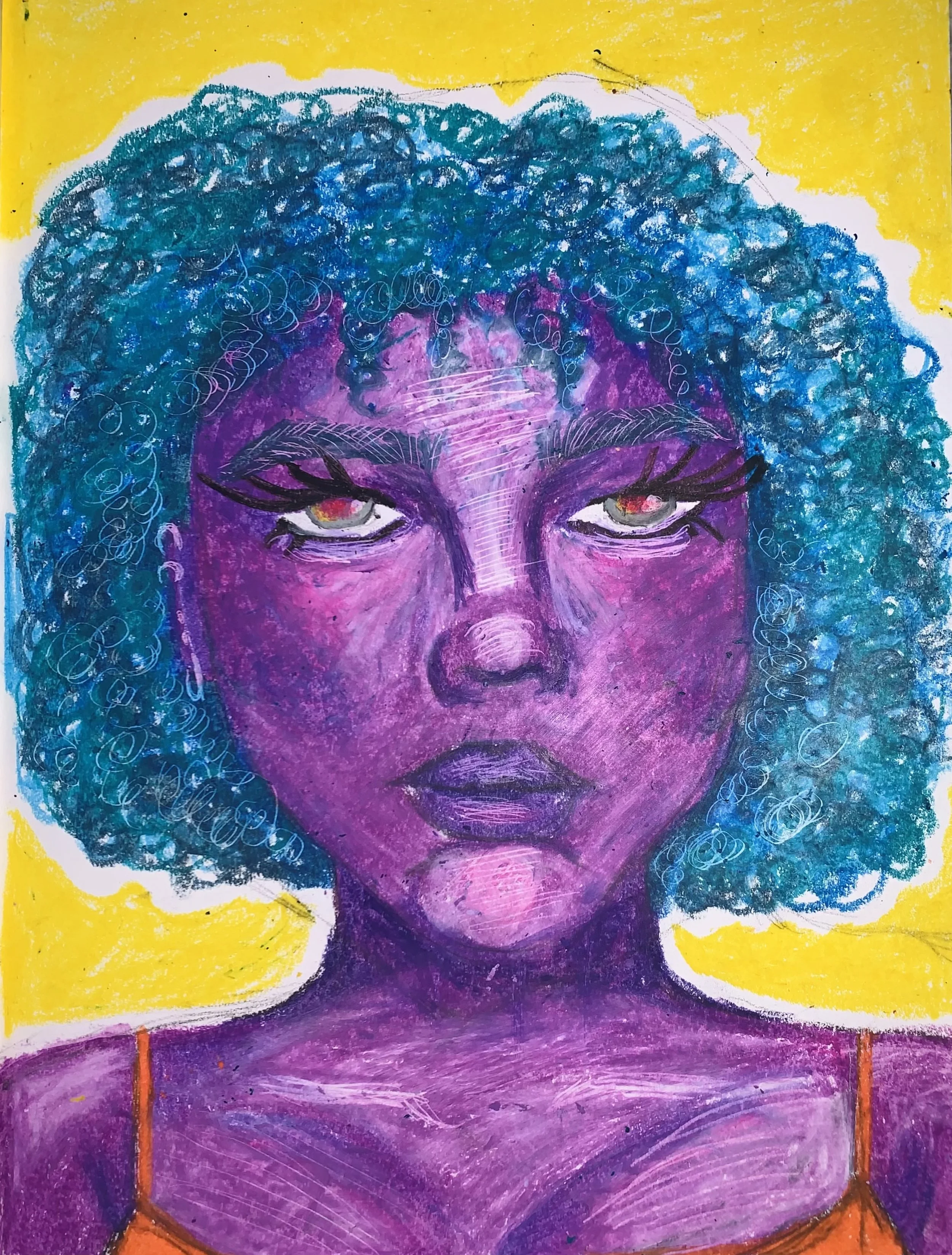 Drawing of a woman's face with curly blue hair, purple skin, yellow background, and orange earrings.