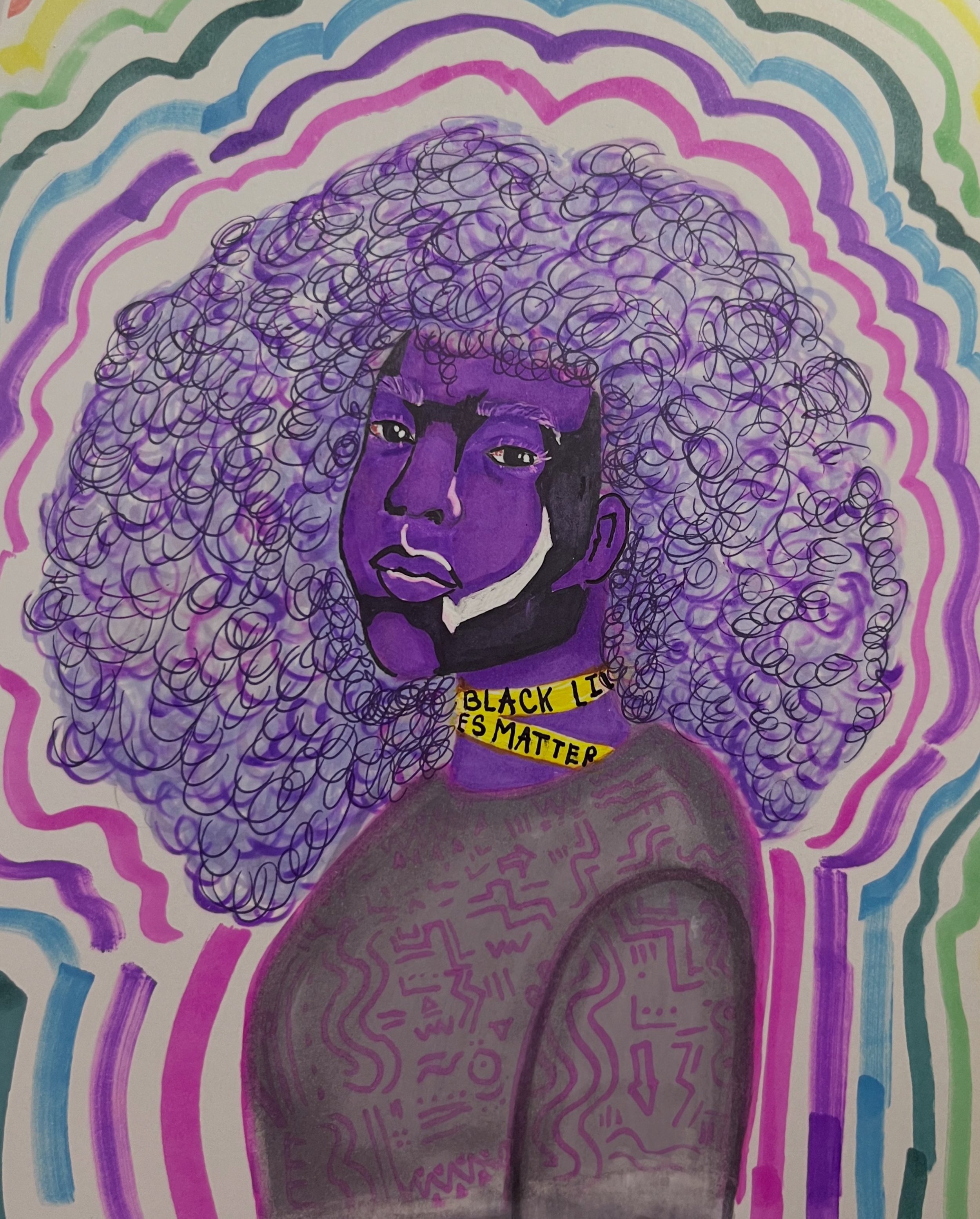 Portrait of a person with purple skin and curly hair, wearing a yellow banner with black text reading 'Black Lives Matter'.