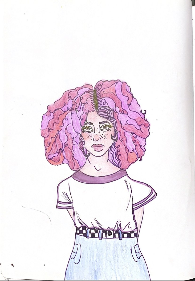 An illustration of a woman with large, curly pink and purple hair, freckles, and a unicorn horn on her forehead, wearing a casual t-shirt and light-colored pants.