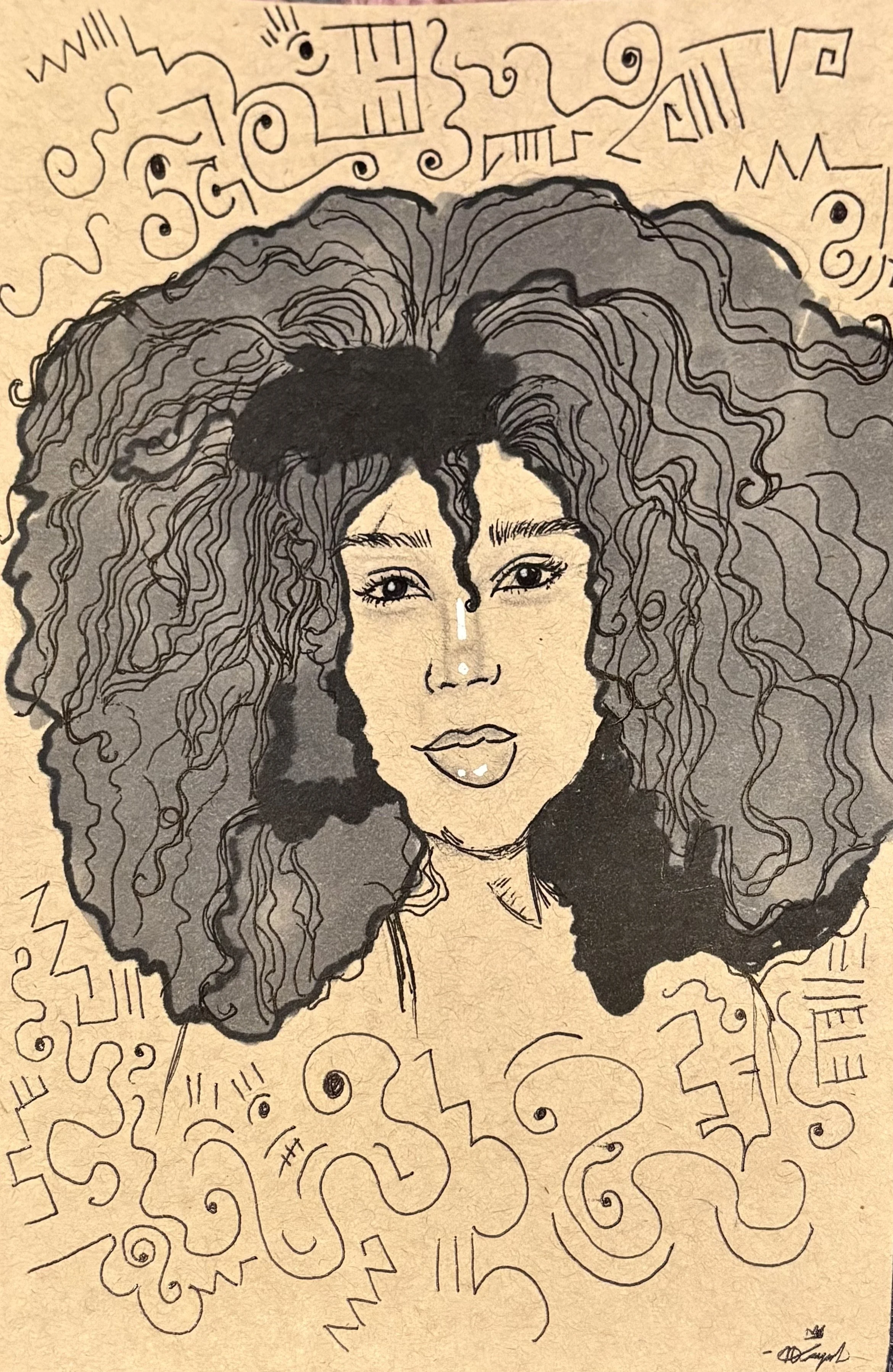 A detailed line drawing of a woman's face with flowing, curly hair, surrounded by abstract, swirling doodles and symbols.