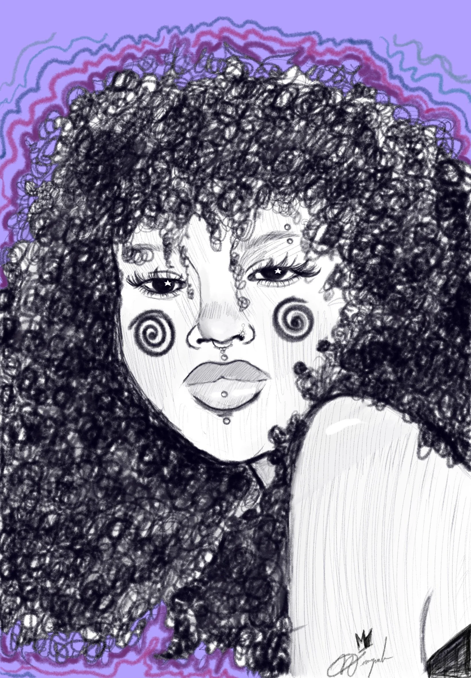 Drawing of a woman with big, curly hair, wearing makeup, with swirling patterns on her face and a purple background.
