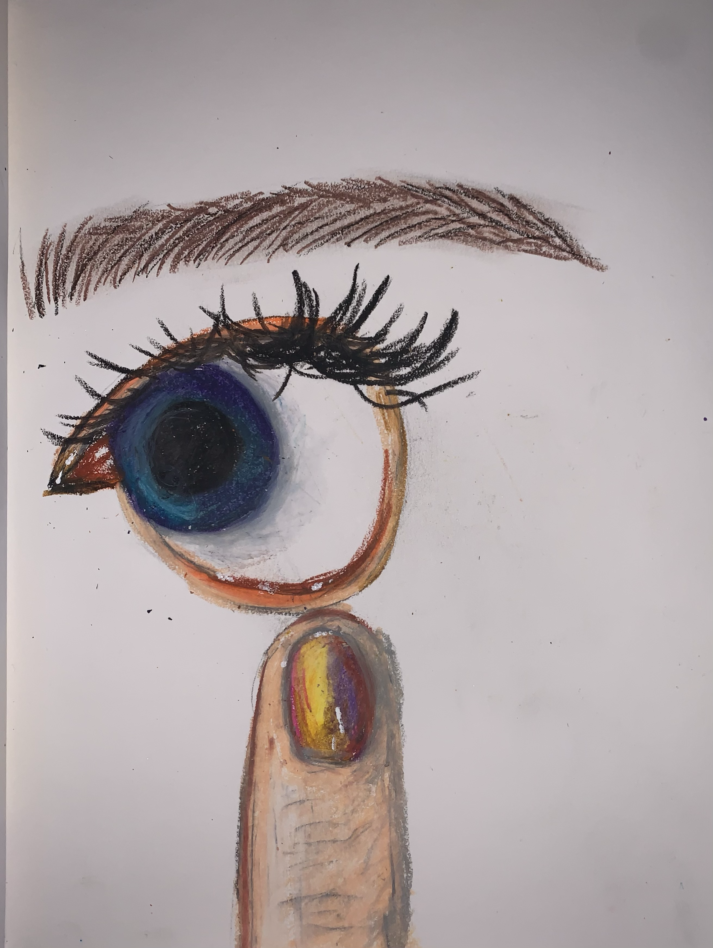 Drawing of a human eye with an iris in shades of blue and purple, thick eyelashes, and eyebrows, with a depiction of a finger pointing at the eye.