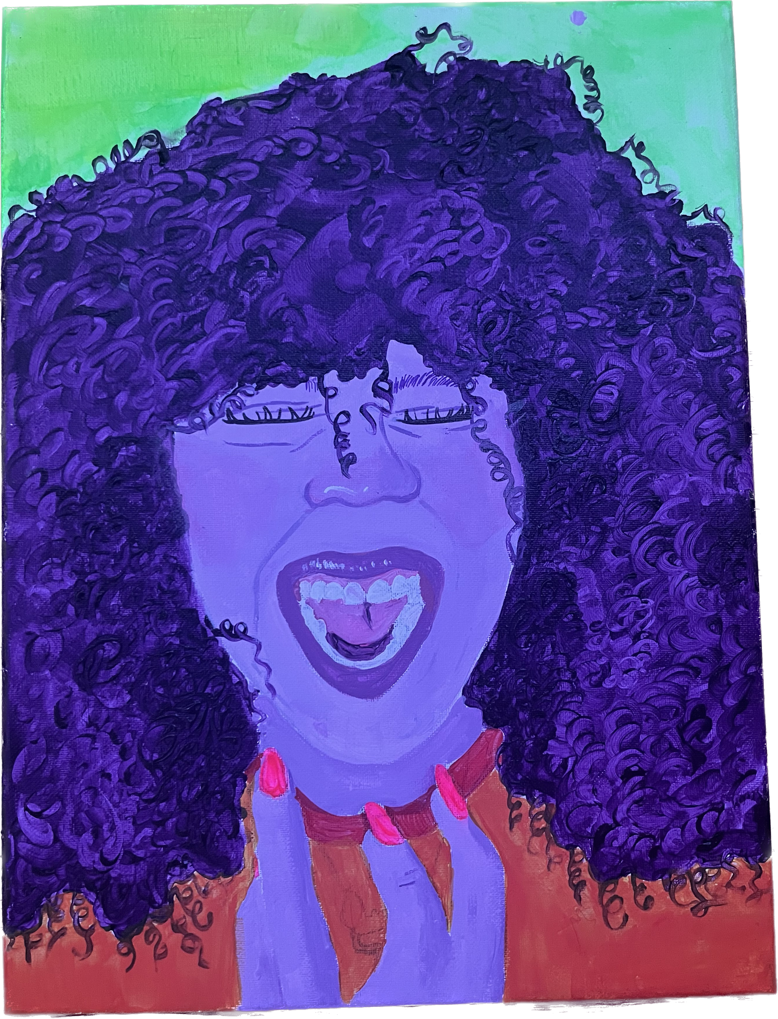 A pop art style portrait of a woman with curly purple hair, smiling with eyes closed, wearing a red top and a necklace with pink and purple beads, set against a green and purple background.
