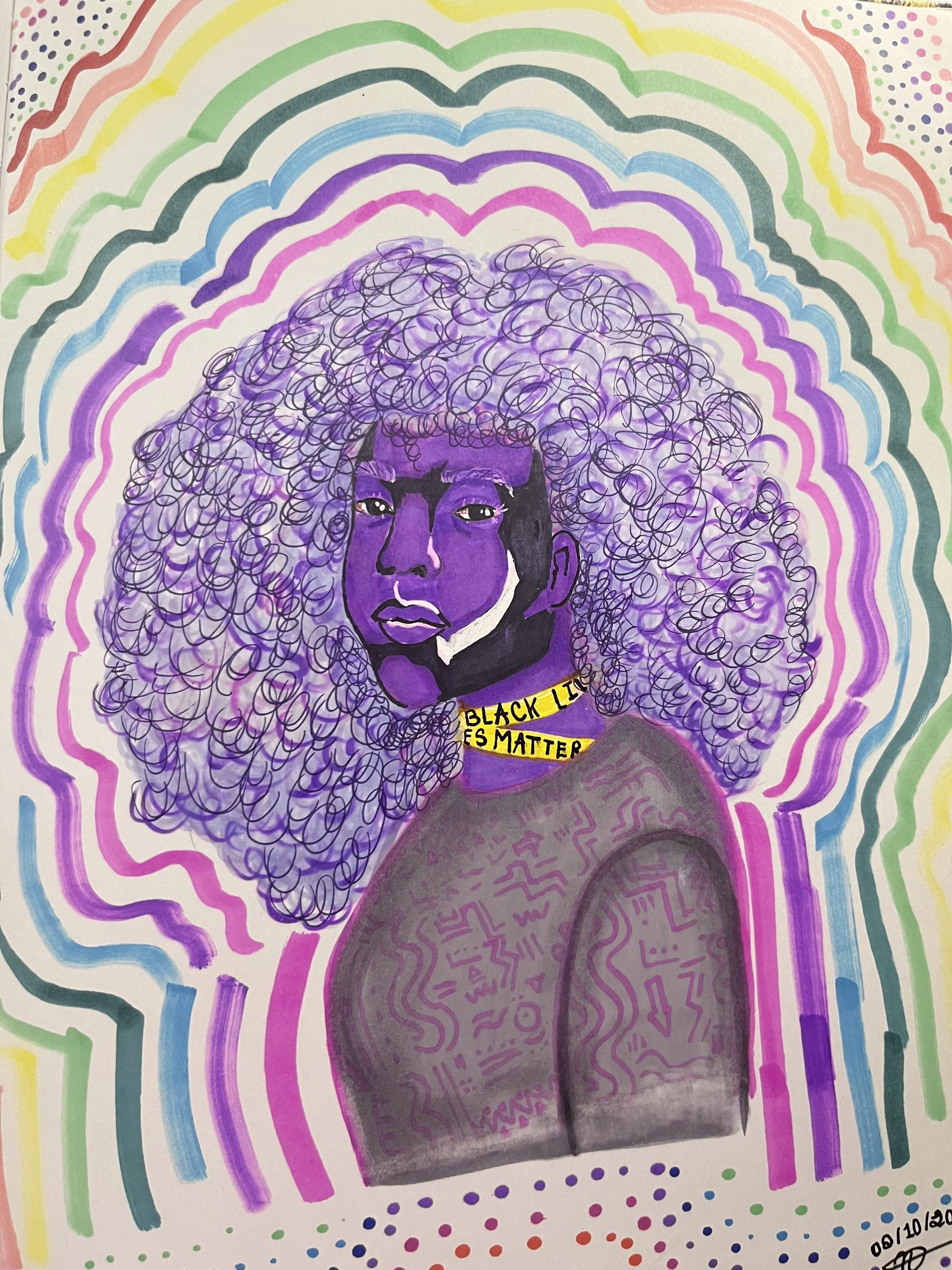 A colorful drawing of a woman with voluminous, curly hair. The background features rainbow-like lines in various colors, and the woman has a purple face with high cheekbones, dark eyebrows, and a serious expression. She is wearing a necklace with yellow beads and a yellow tape with black letters that reads 'BLACK LIVES MATTER'. The drawing includes vibrant patterns and dots in the background and foreground.