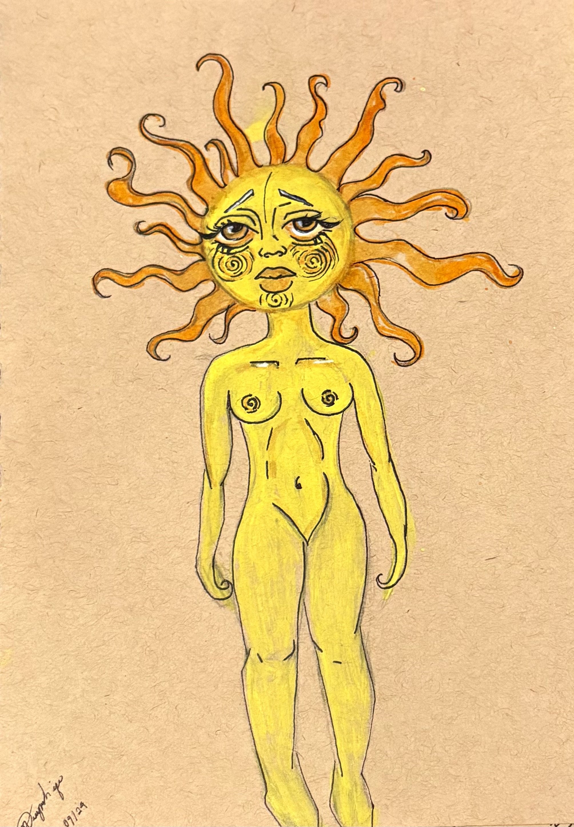 A drawing of a sun with human features, including a face with eyes, nose, mouth, and long lashes. The sun's rays are orange, wavy, and hair-like, surrounding a yellow face and body of a nude female figure with closed eyes and spiral cheeks, on a tan 