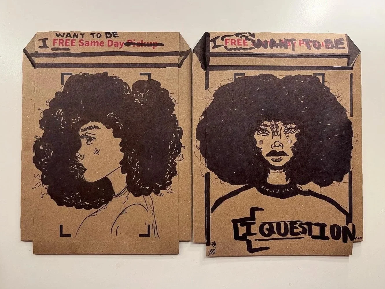 Two cardboard boxes with illustrated portraits of women with large curly hair, handwritten text about free pickups, and a bold word "QUESTION" on the right box.