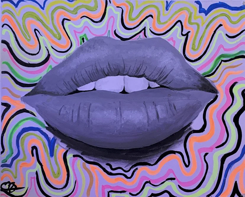 A painting of purple lips with a colorful psychedelic background of swirling lines in pink, green, orange, black, and blue.