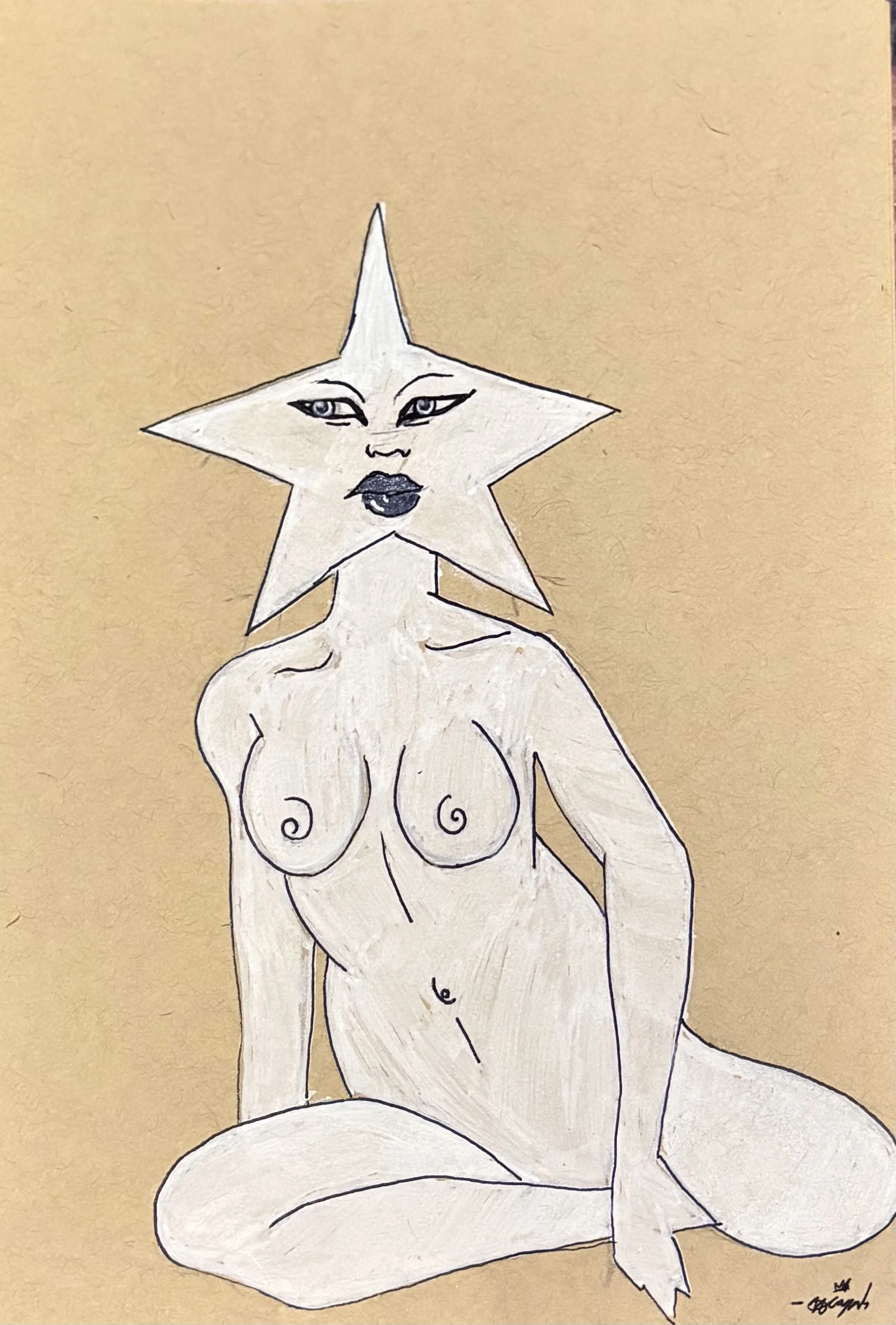 A drawing of a nude woman with a star-shaped head featuring human eyes and lips, sitting in a relaxed pose on a beige background.