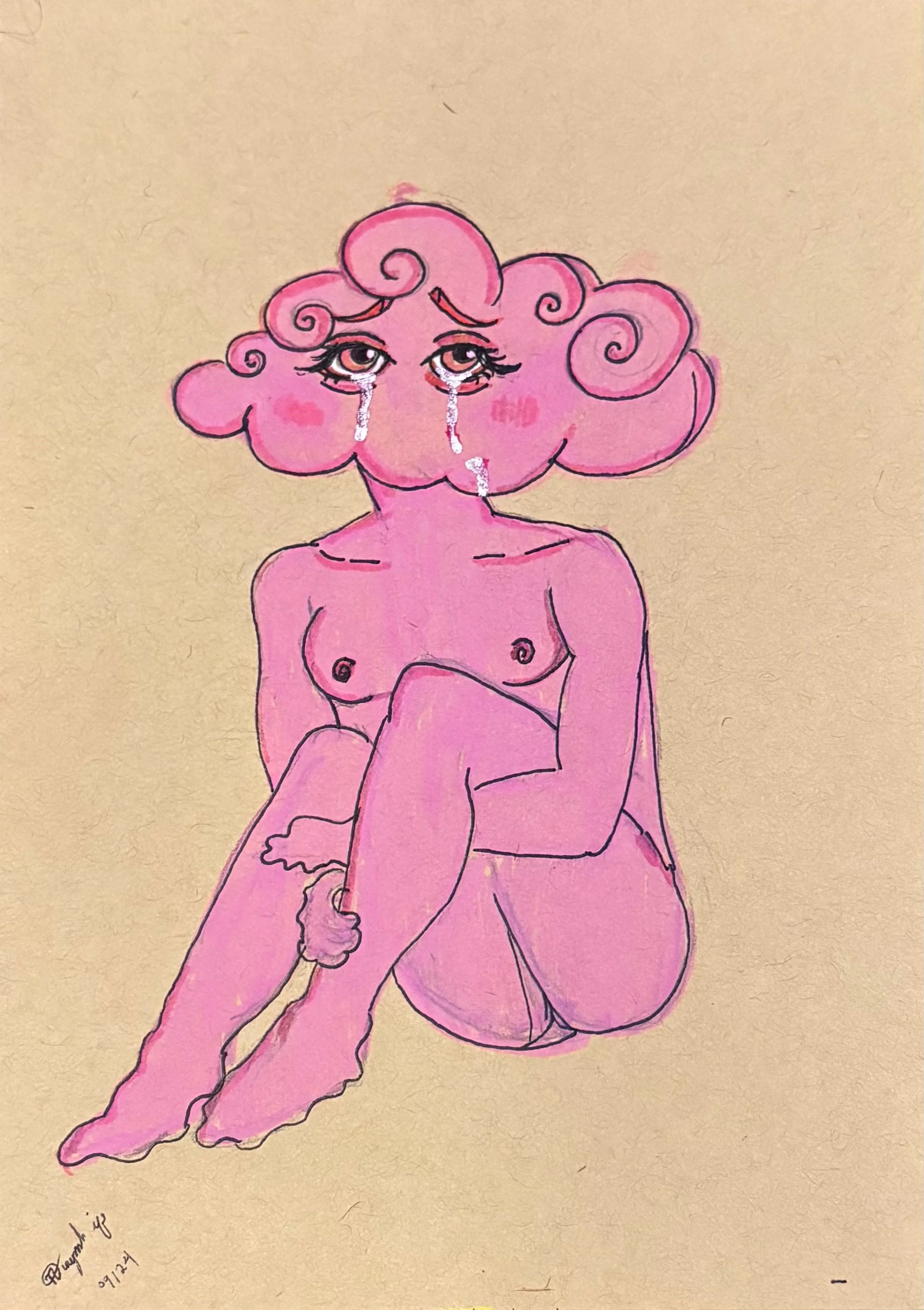 A pink cartoon-like character with a fluffy, curly hairdo is sitting on the ground with knees drawn up, tears streaming down face, looking sad or crying, against a plain beige background.