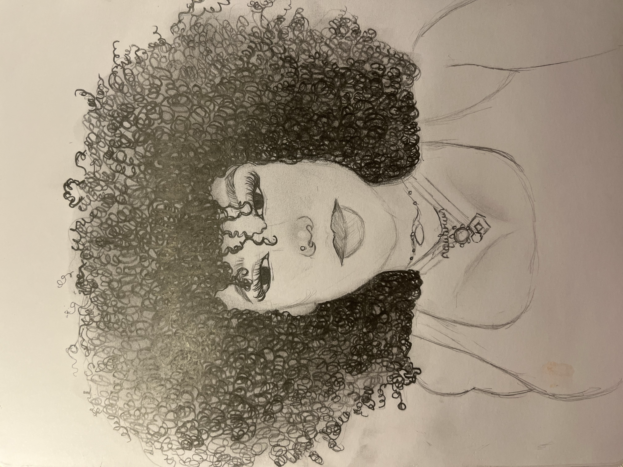 Sketch of a woman with curly hair and earrings, with her eyes closed, in a profile view.