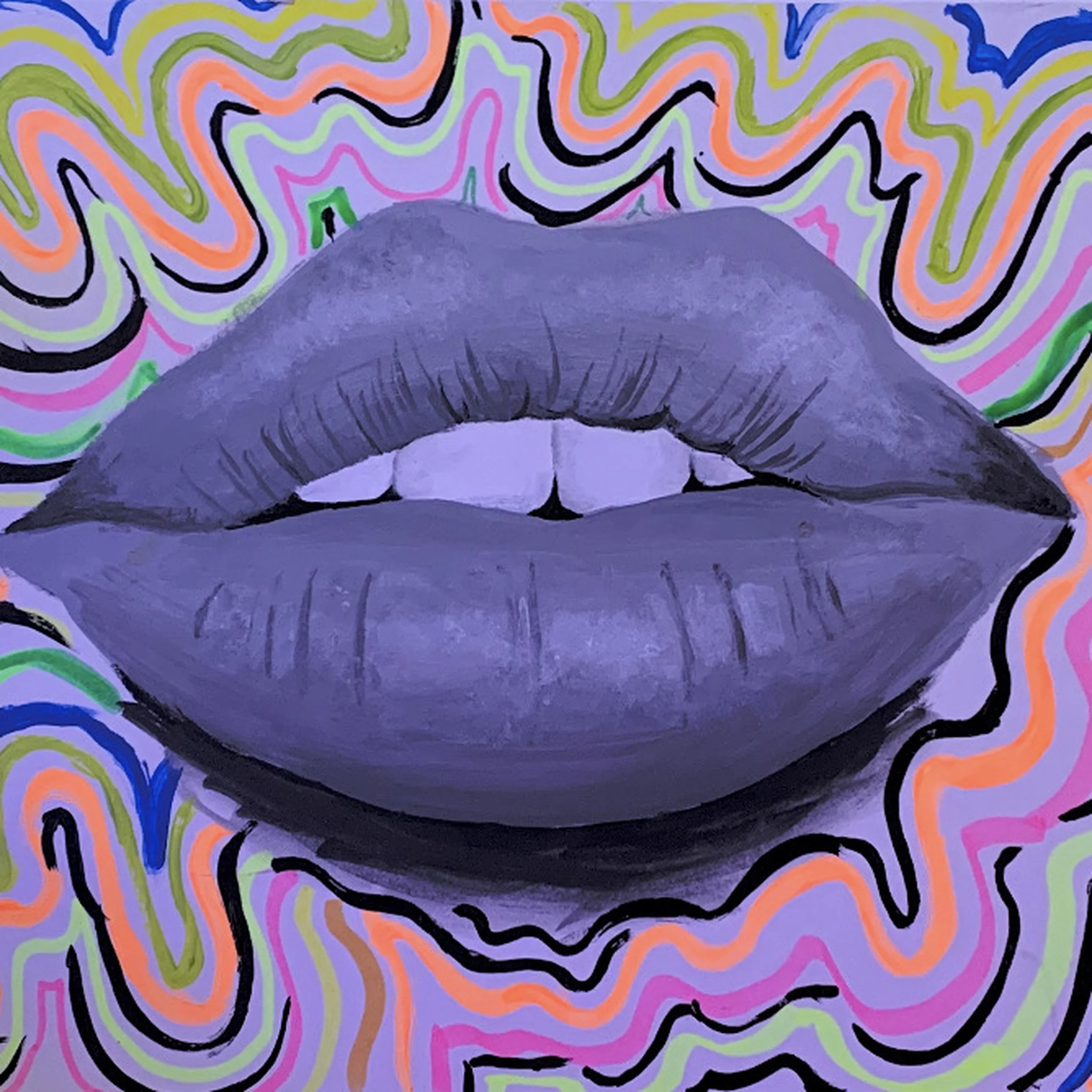 Close-up of a purple drawing of lips with outline and shaded details, surrounded by colorful maze-like patterns in orange, green, pink, black, and blue on a purple background.