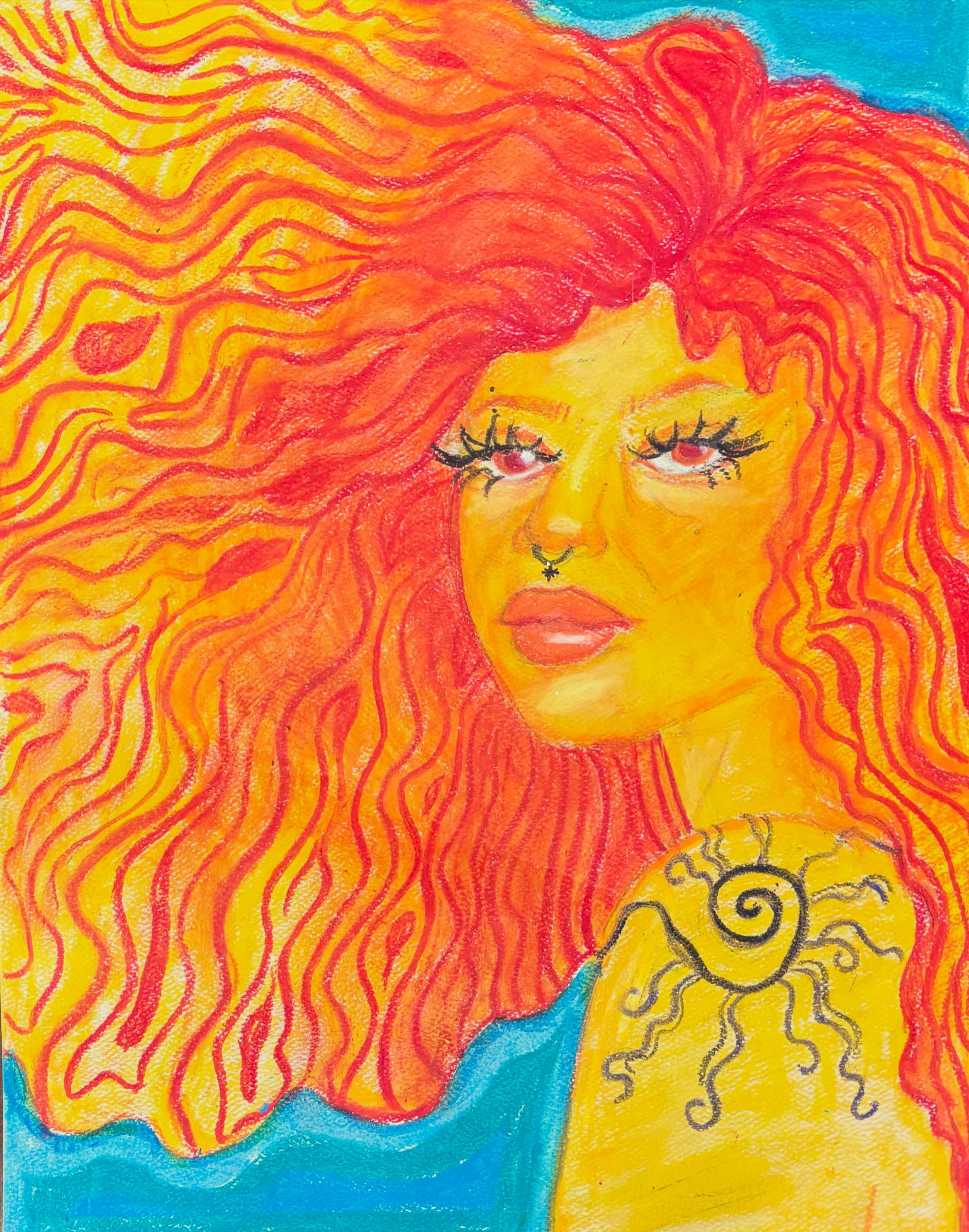 A colorful, artistic portrait of a woman with flowing red hair, yellow skin tone, and closed eyes, featuring detailed eyelashes, a nose piercing, and holding a decorative yellow object with black swirly patterns.