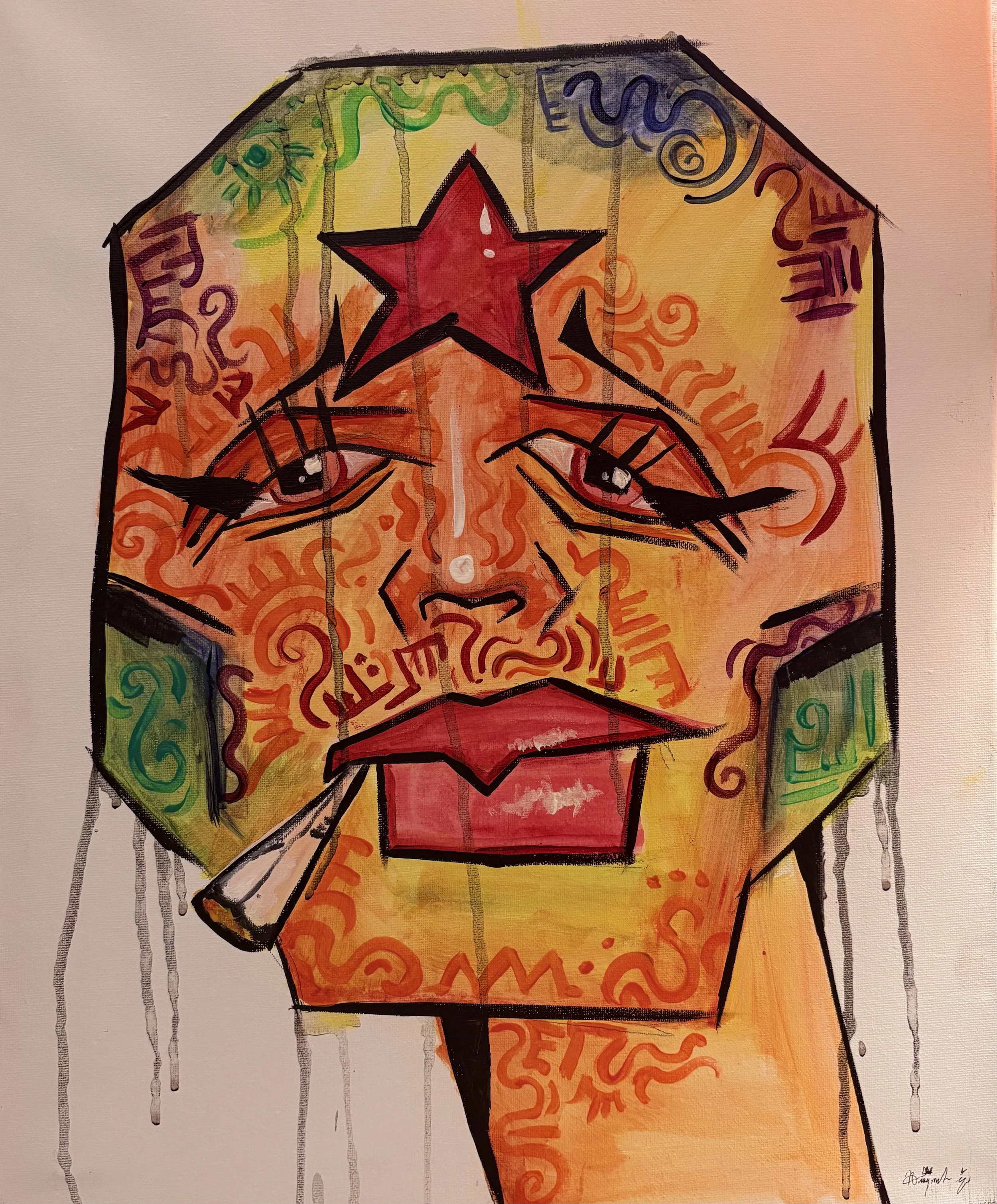 Abstract watercolor painting of a human face with expressive eyes, dark accents, a red star on forehead, surrounded by colorful patterns and text.