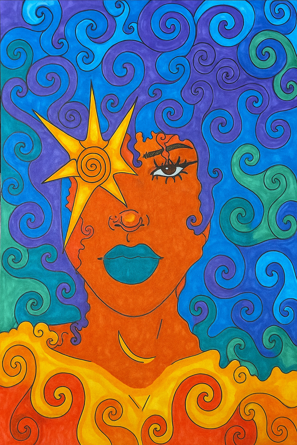 A colorful abstract portrait of a woman with an orange face, turquoise lips, and a single eye. Surrounded by swirling patterns in blue, purple, green, and yellow, with a large yellow star near her face.