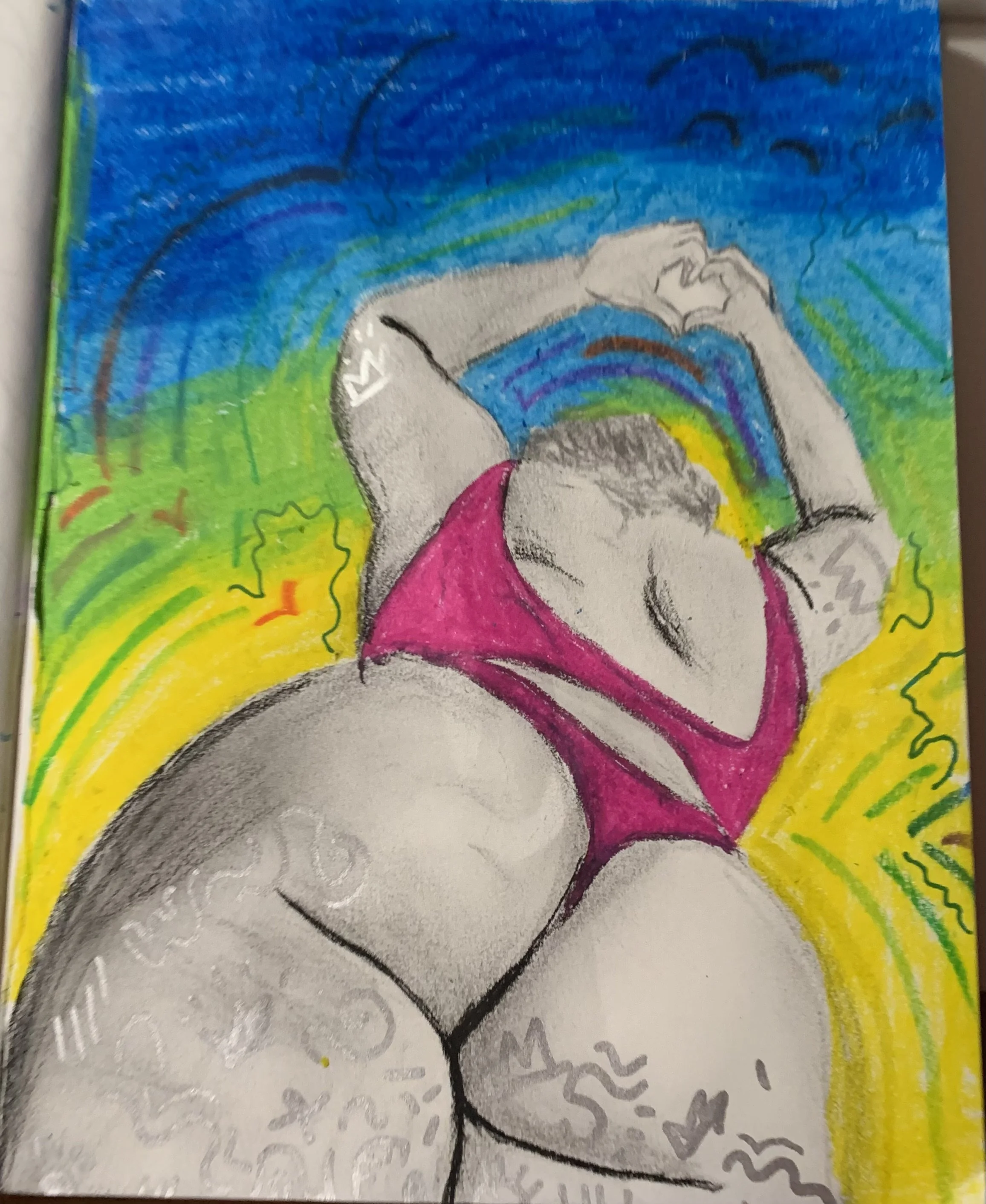 Colorful drawing of a person with rainbow-colored headband and shirt, holding a braid or hair, with a rainbow and clouds in the background, and yellow and green grass or bushes at the bottom.