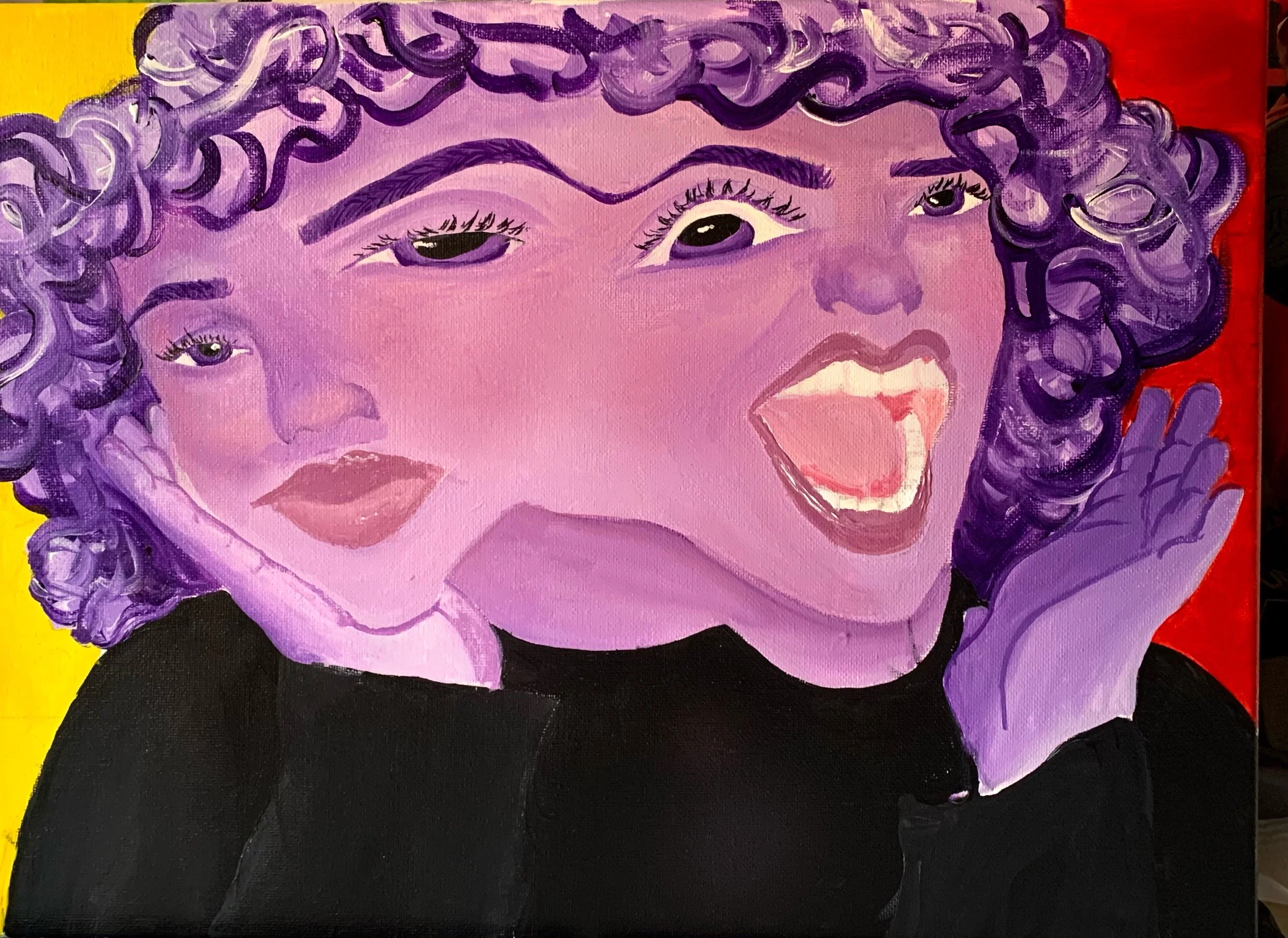A colorful painting of a woman with curly purple hair, bold eyebrows, and a wide open mouth, with a vibrant yellow, purple, and red background.