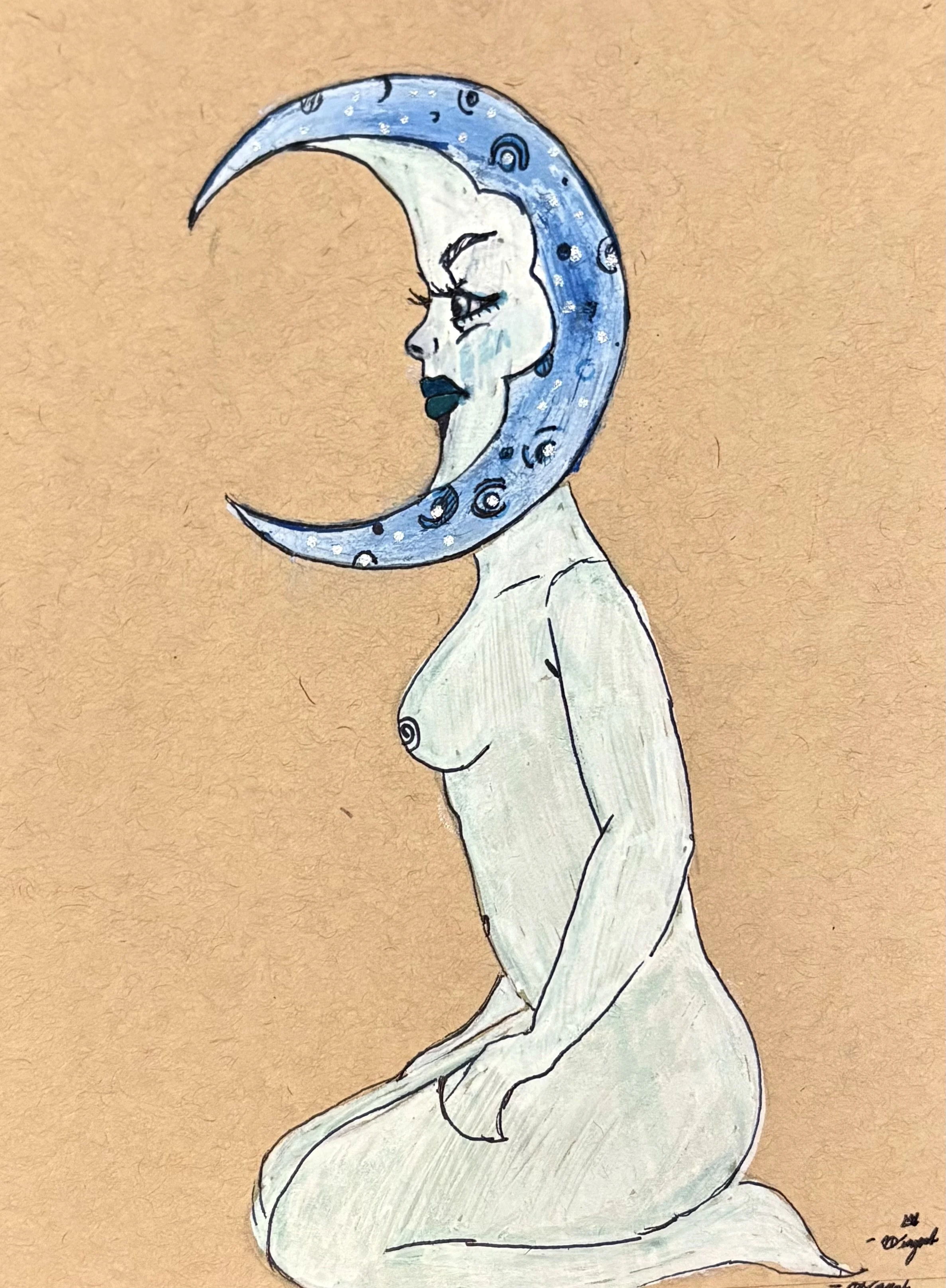A surreal watercolor illustration of a female figure with a moon-shaped head, blue and white hues, and stylized facial features, set against a warm beige background.
