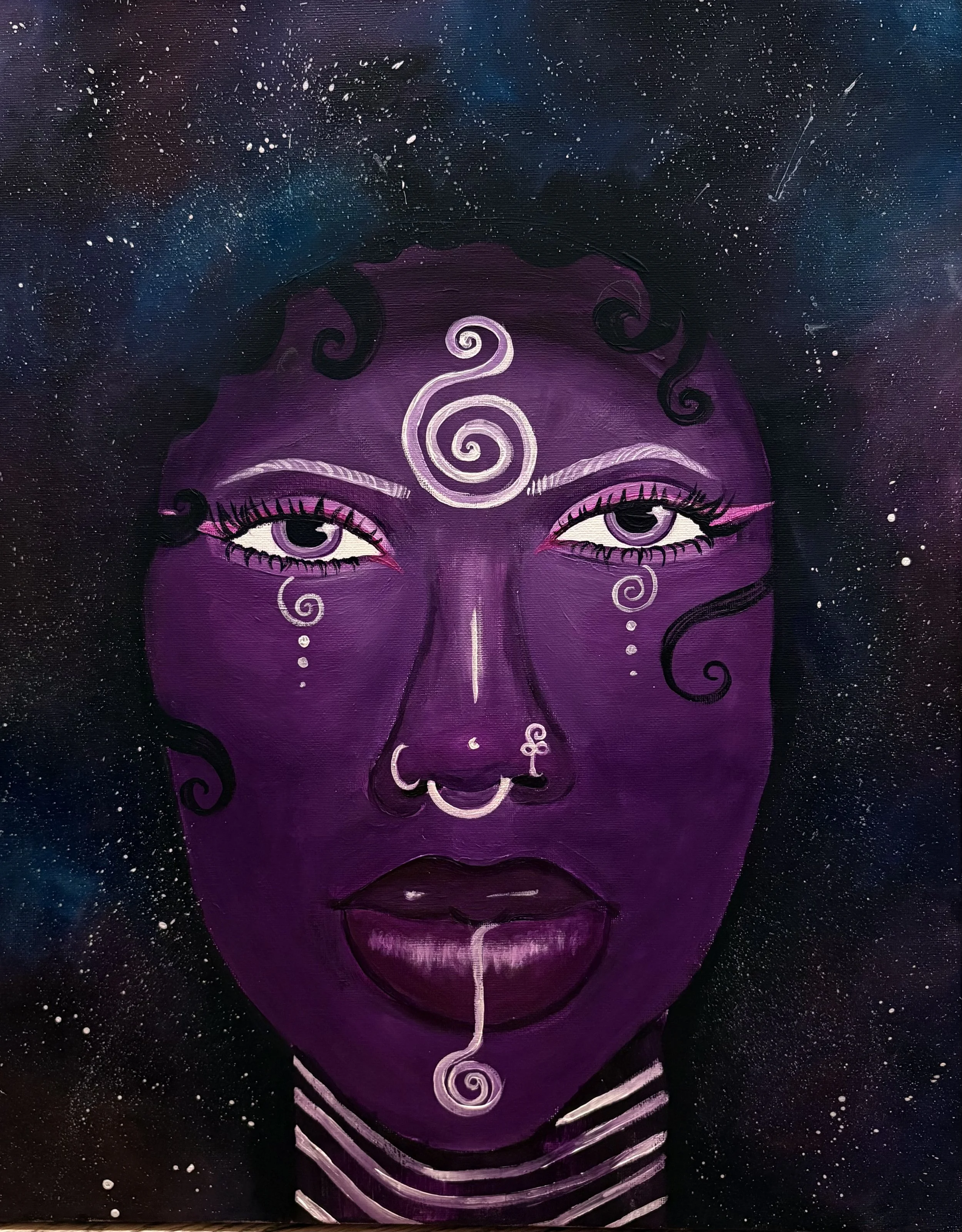 A painting of a mystical face with closed eyes, purple skin, intricate spiral designs on the forehead and cheeks, and a cosmic background filled with stars.