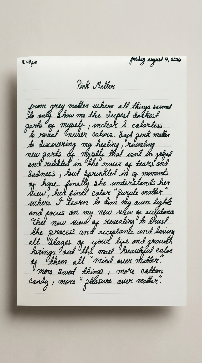 A handwritten letter on white paper with cursive writing, dated August 7, 2016, at 11:40 pm, titled "Pink Matter".