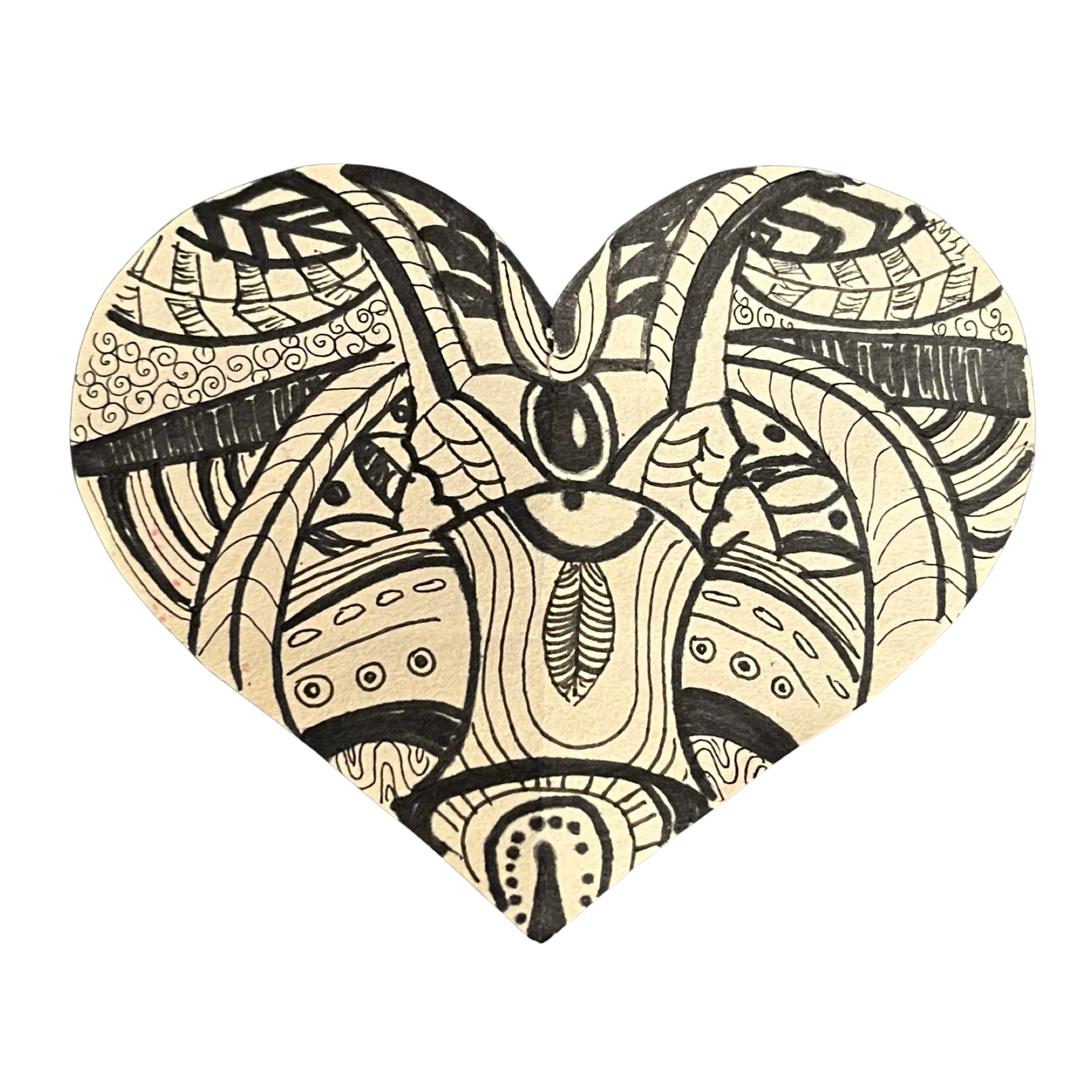 Black and white tattoo or drawing of a heart with detailed line work and decorative patterns.