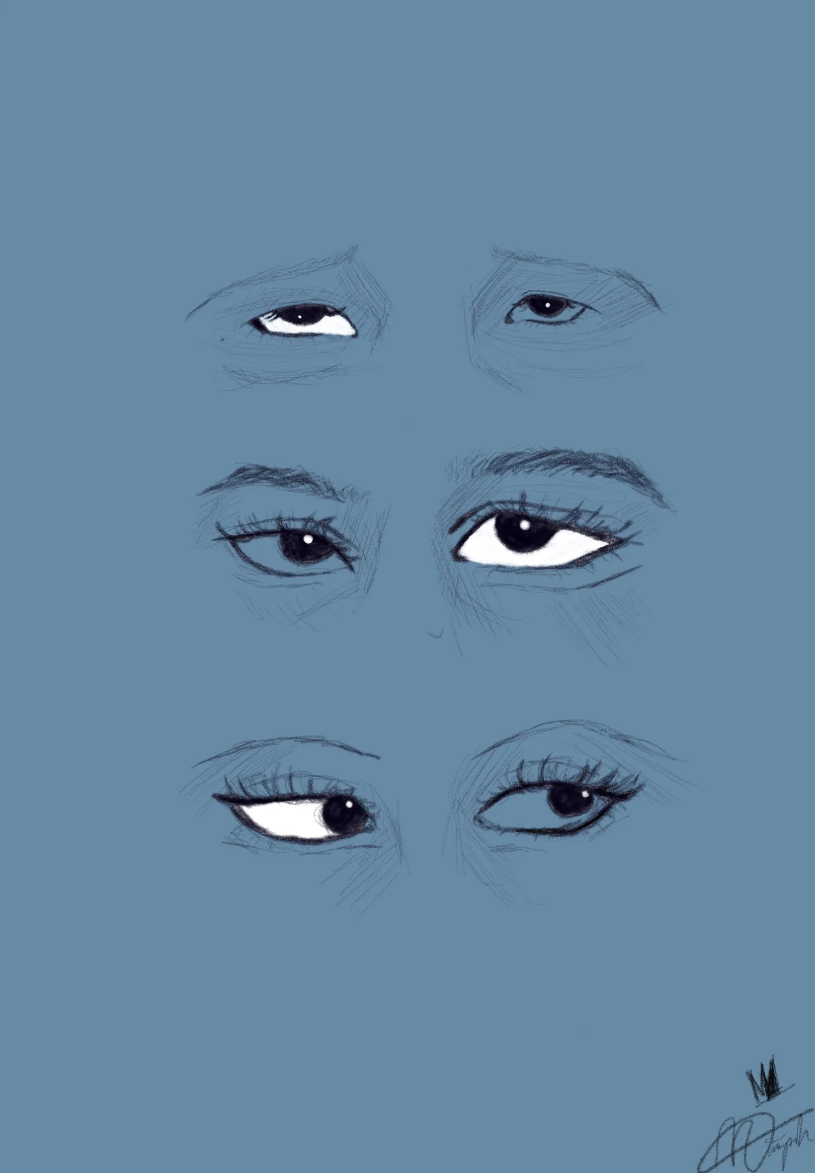 Series of sketch-style eye drawings with various expressions on a blue background.