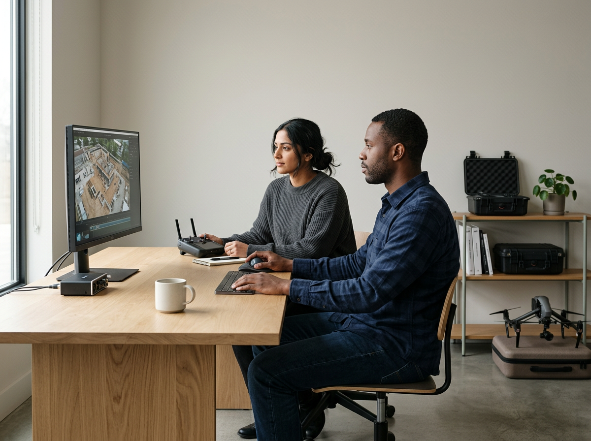 Two professionals working on a drone mapping project at a desk in an office with a monitor displaying aerial imagery, a drone on the floor, and office supplies.