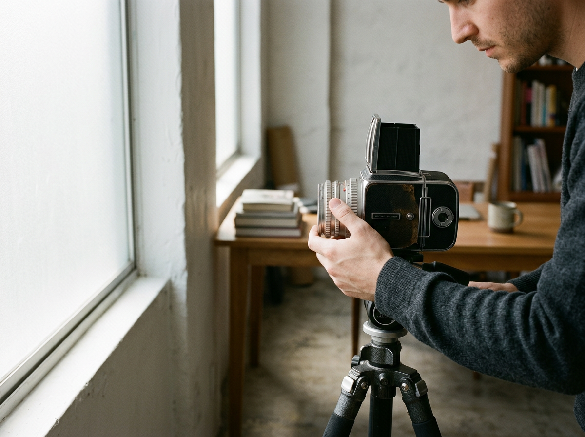 A person setting up a vintage film camera on a tripod near a window indoors.