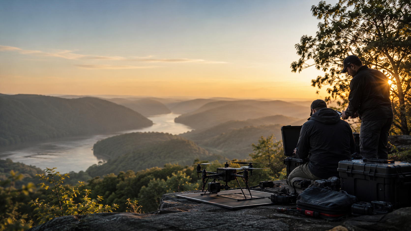 Professional drone production crew preparing equipment above a Mid-Ohio Valley river landscape at sunrise.