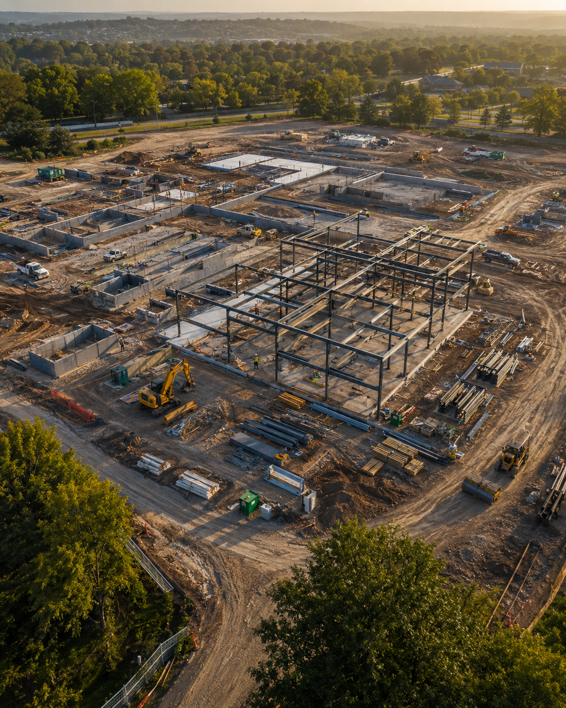 Aerial construction progress view of a commercial building site.