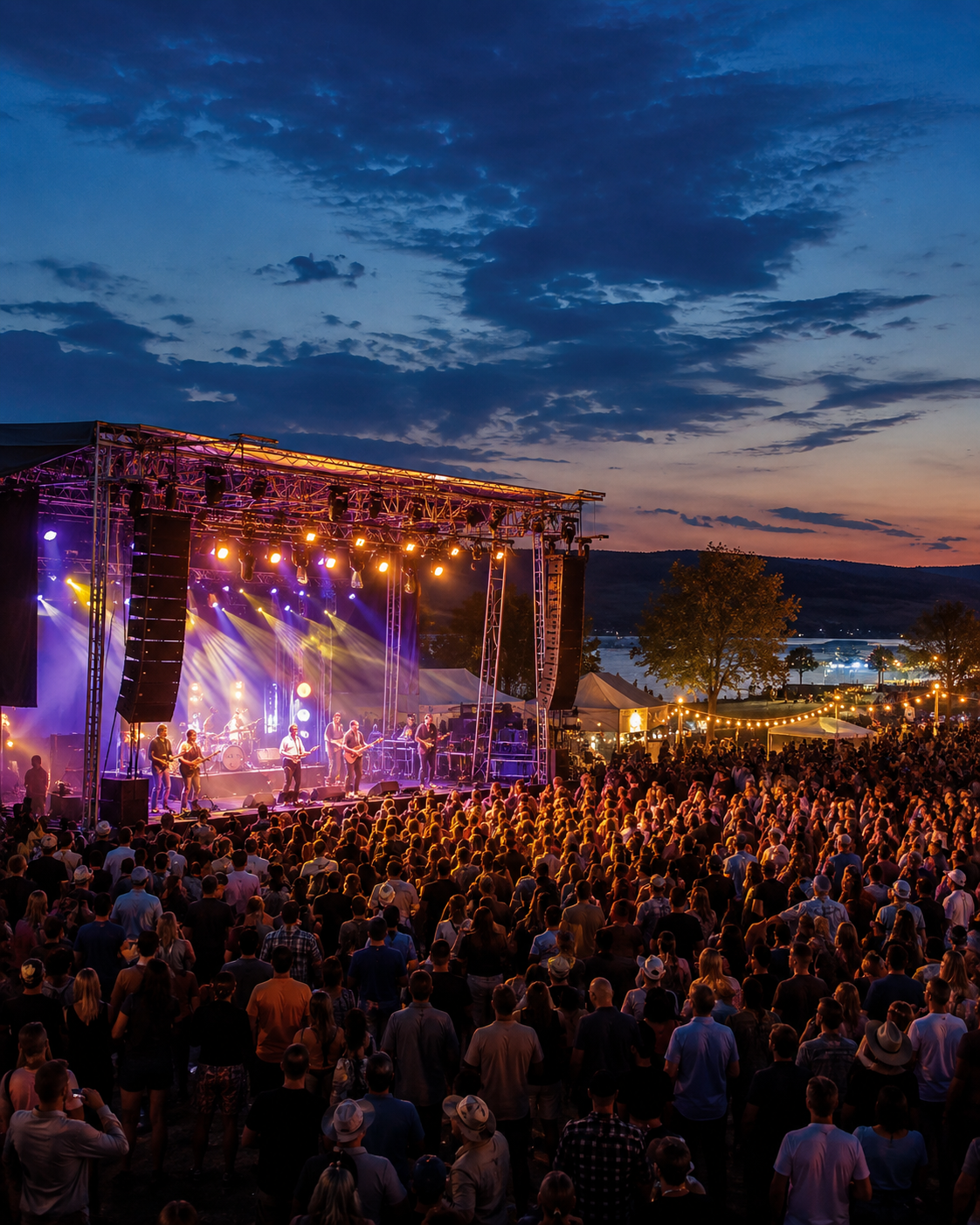 Outdoor music festival crowd and stage during an evening event.