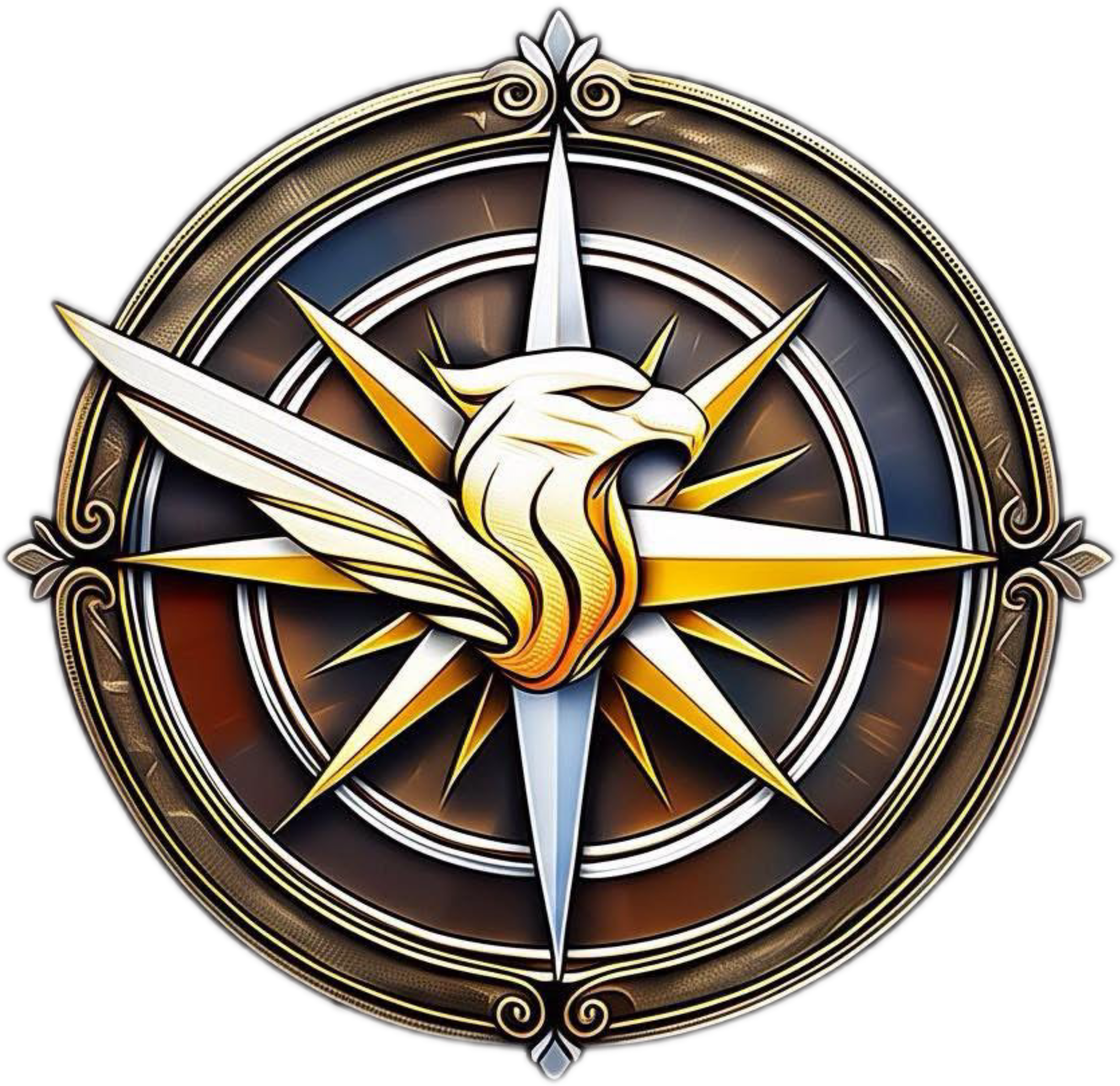 A detailed decorative compass rose with gold and silver accents on a black background.