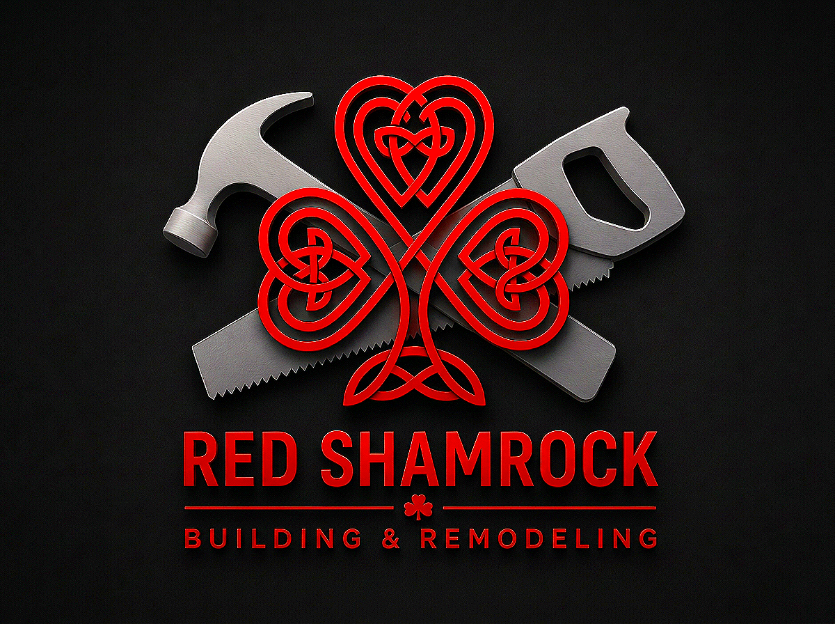 A logo for Red Shamrock Building & Remodeling featuring a red intertwined shamrock design, a hammer, and a saw against a black background.