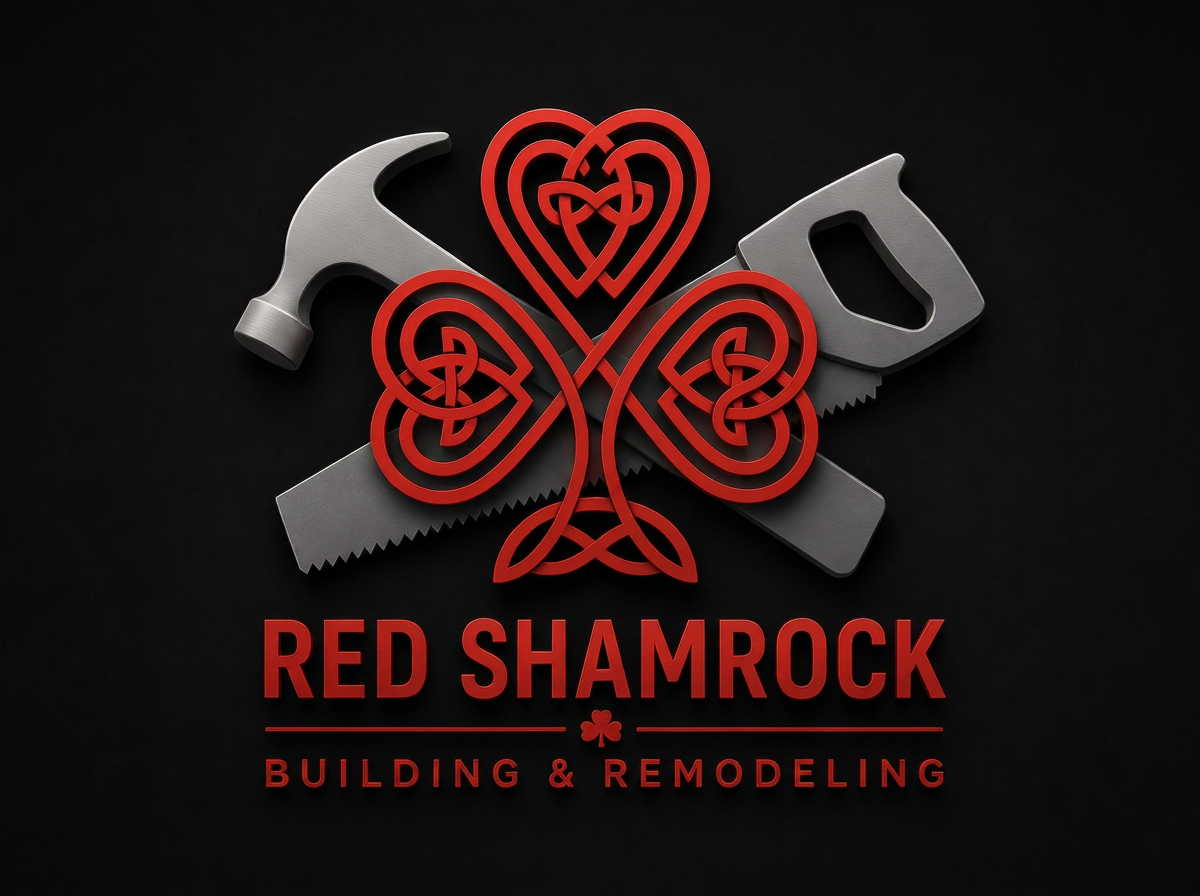 Logo for Red Shamrock Building & Remodeling featuring a red shamrock with Celtic knot details, hammer and saw crossed behind it, on a black background.