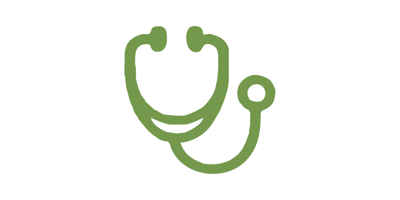 Green line drawing of a stethoscope and a smiling face, symbolizing healthcare or medical services.