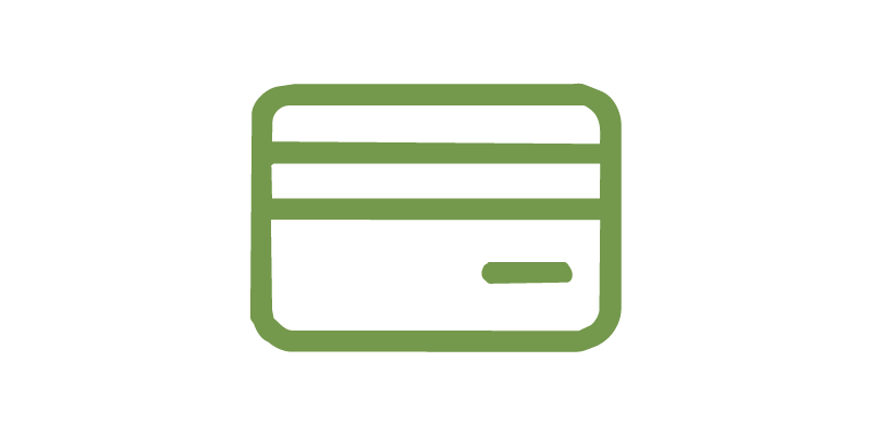 Green outlined icon of a credit card.