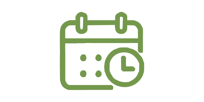 Green calendar with a clock symbol.