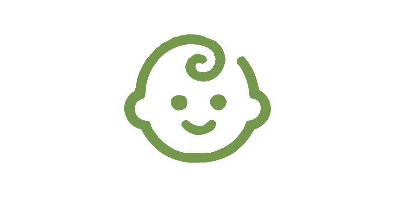 Green outline of a smiling baby face with curly hair on a black background.