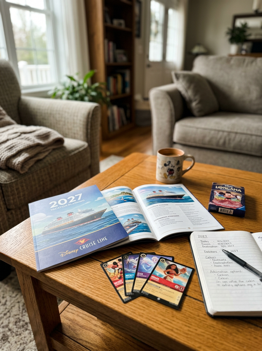 Travel planning materials on a wooden coffee table, including a 2027 cruise planner, an open magazine showing a cruise ship, a deck plan in a notebook, a set of Disney character cards, a mug, and a deck of Lonconda playing cards, in a cozy living room with sofas, bookshelves, and a window letting in natural light.