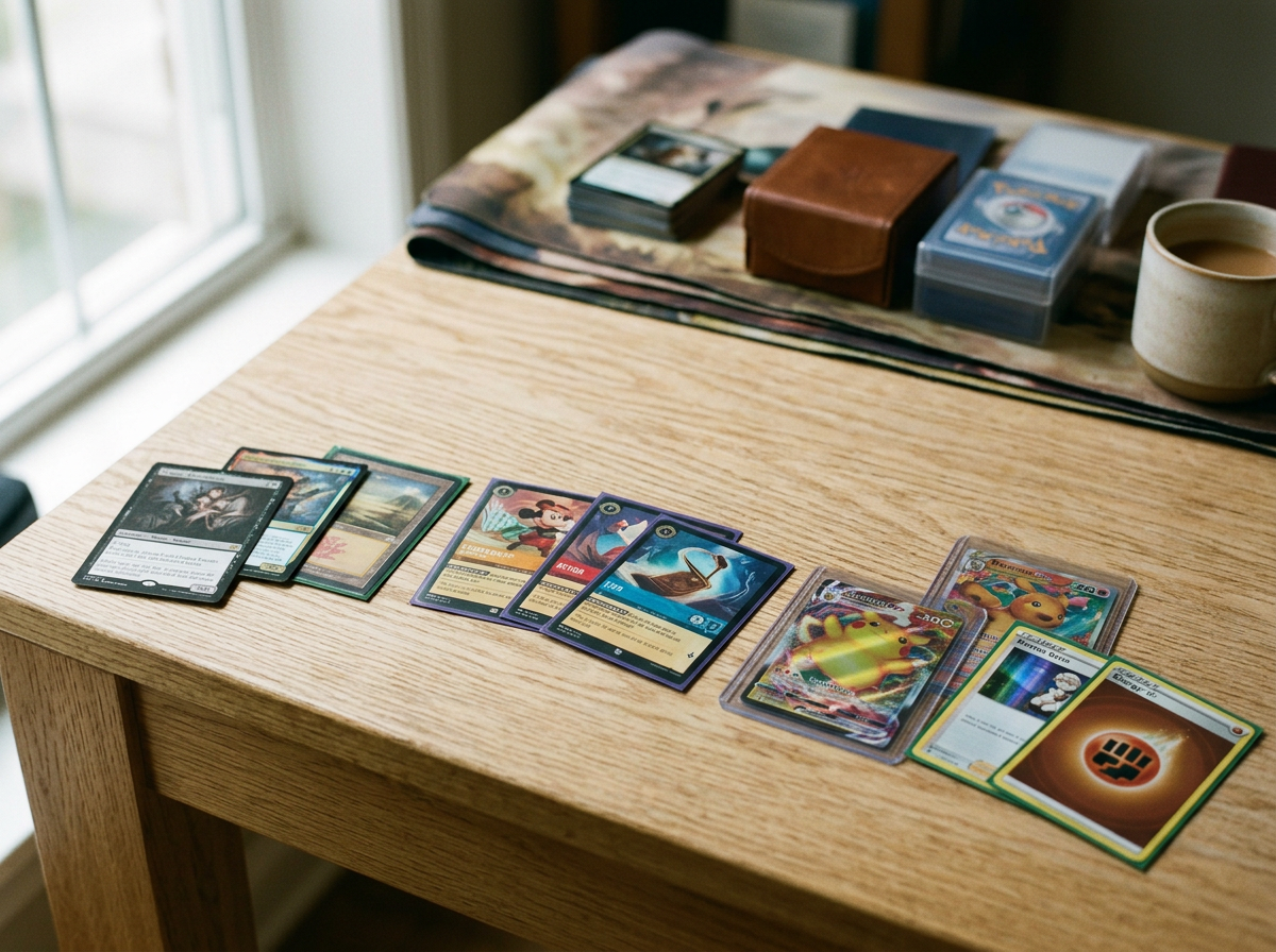 Trading cards and Pokémon cards laid out on a wooden table near a window