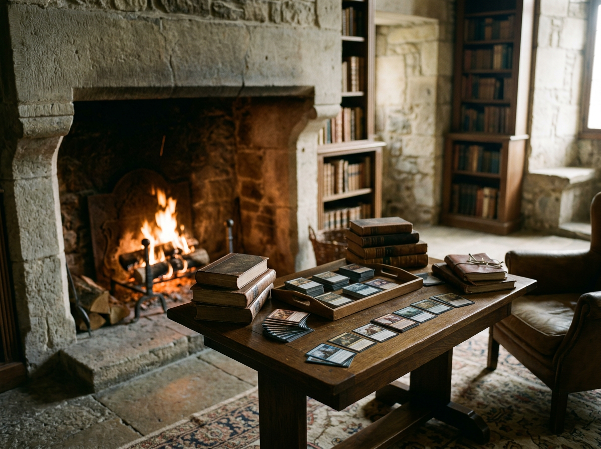 A cozy room with a large stone fireplace burning wood, a wooden table playing card game, and bookshelves filled with books.