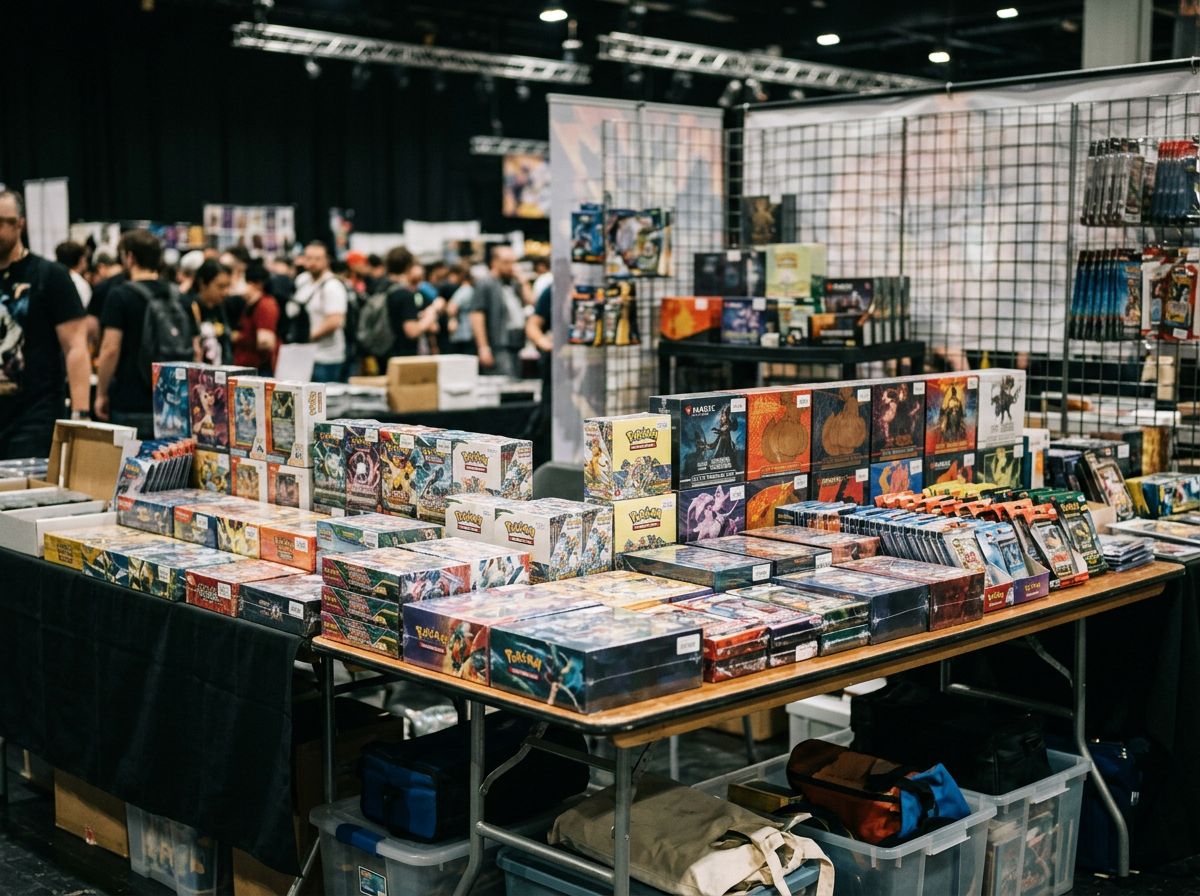 Table with Pokémon and Yu-Gi-Oh! trading card boxes at a convention or trade show, with a crowd in the background.