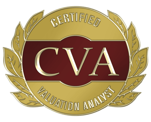 CVA Certified Valuation Analyst badge with gold laurel wreath, maroon and gold color scheme.