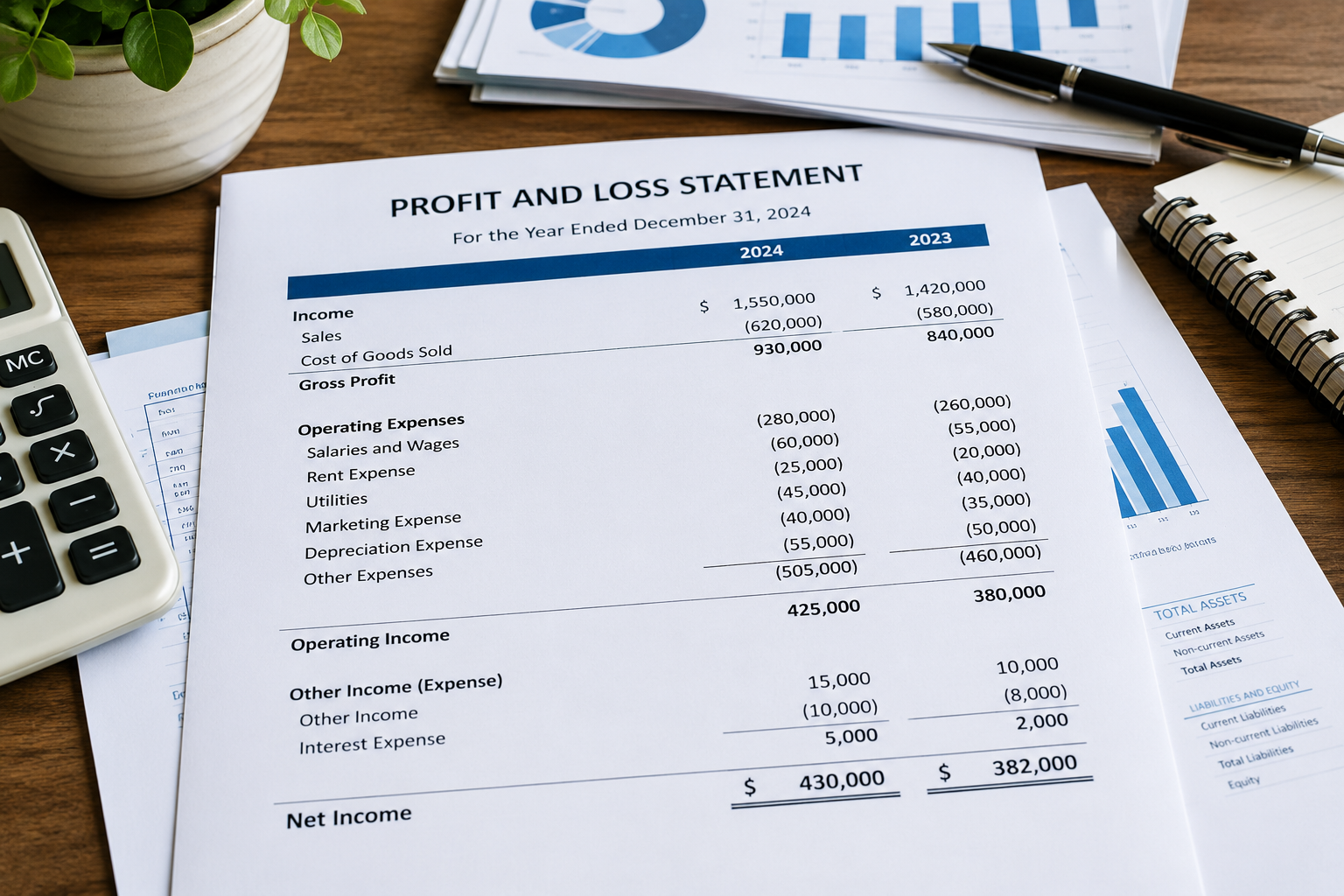 A profit and loss statement for the year ending December 31, 2024, showing income, gross profit, operating expenses, other income, and net income, with financial data compared to 2023, on a wooden desk with a calculator, pen, notebook, and charts around it.