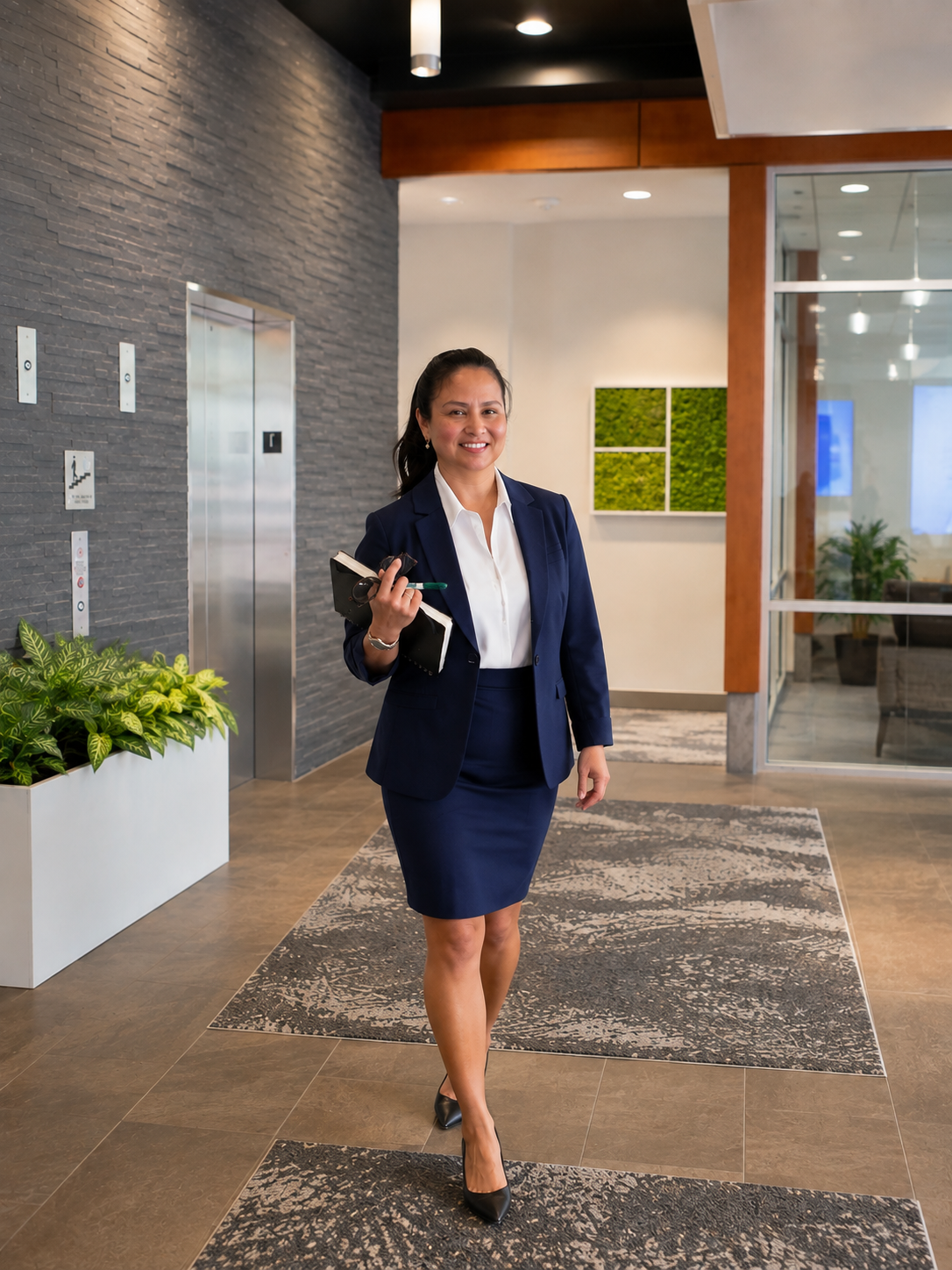 Businesswoman in a navy suit holding a notebook and pen walking in an office lobby.