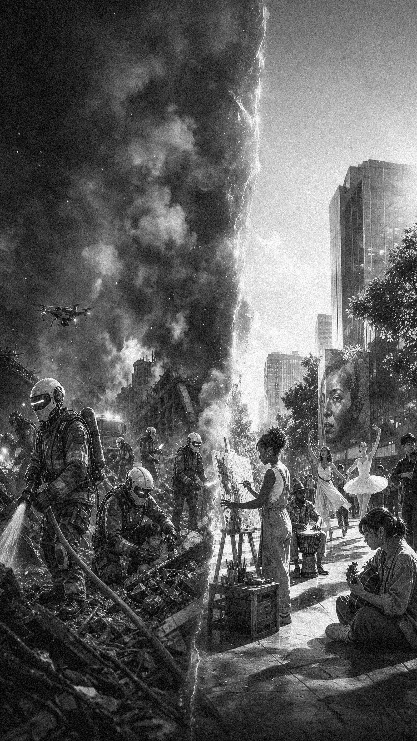 Black and white photo of a city street with a large fire and thick smoke in the background. Robots helping in search and rescue and a group of humans, some dancing, are in the foreground.