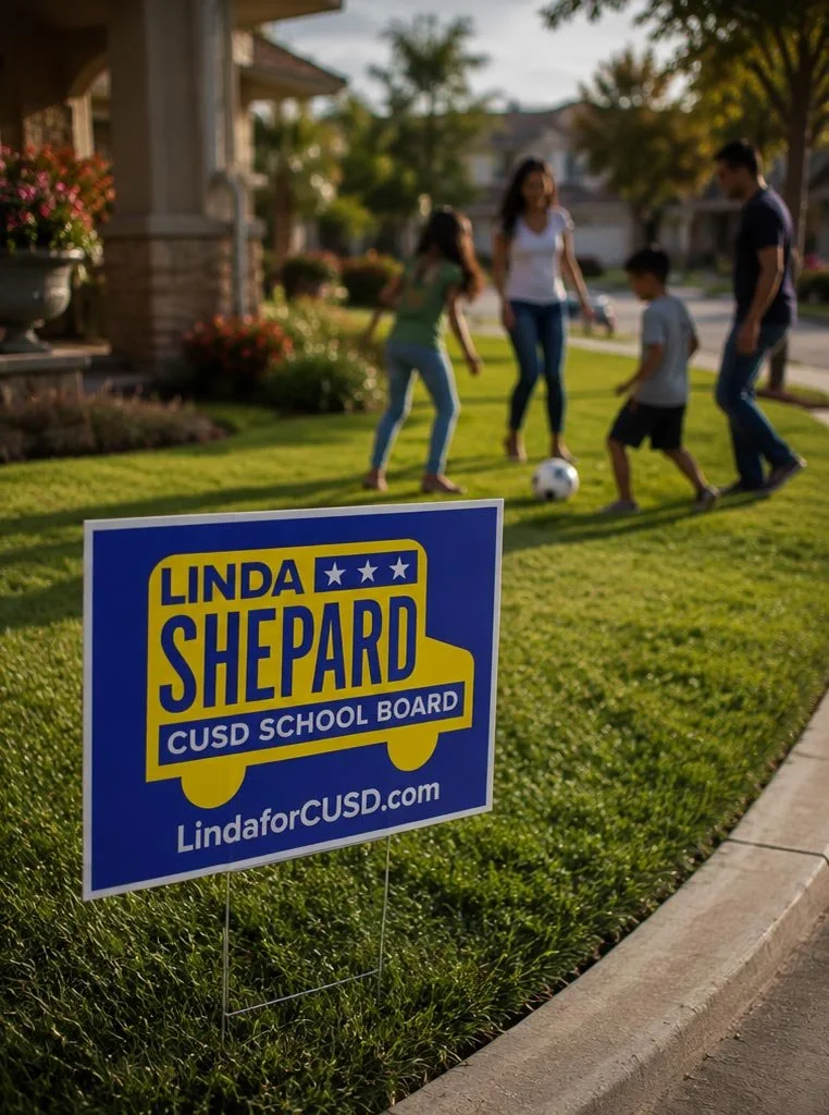 A yard with a family playing soccer, in front of a house, with a campaign sign for Linda Shepard for CUSD School Board in the foreground.