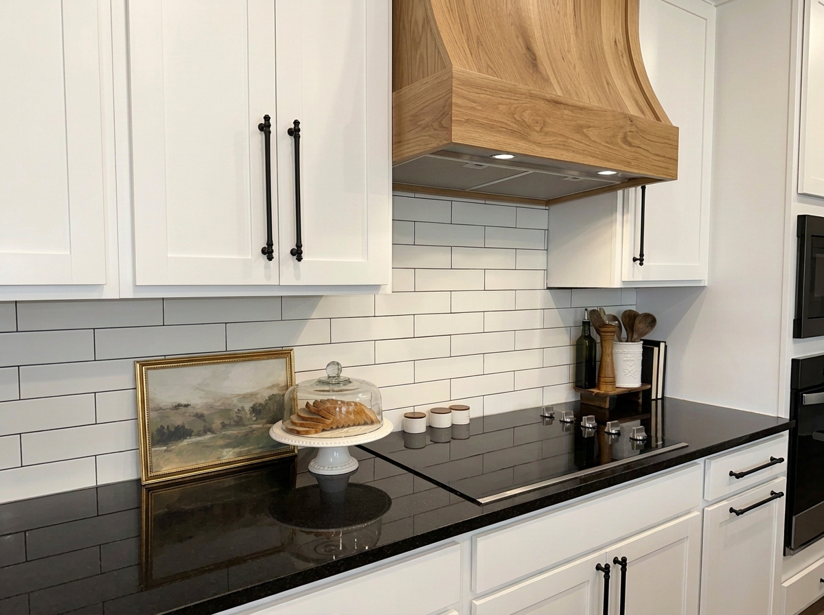 Kitchen countertop with a cake stand, a framed landscape painting, and small ceramic containers, with white cabinets and a black countertop.
